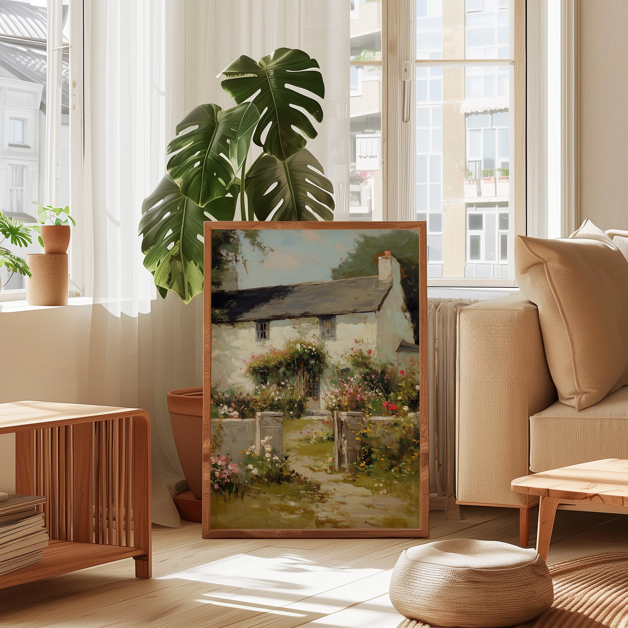 English Cottage Wall Art – Rustic Charm Floral Landscape Oil Painting Canvas