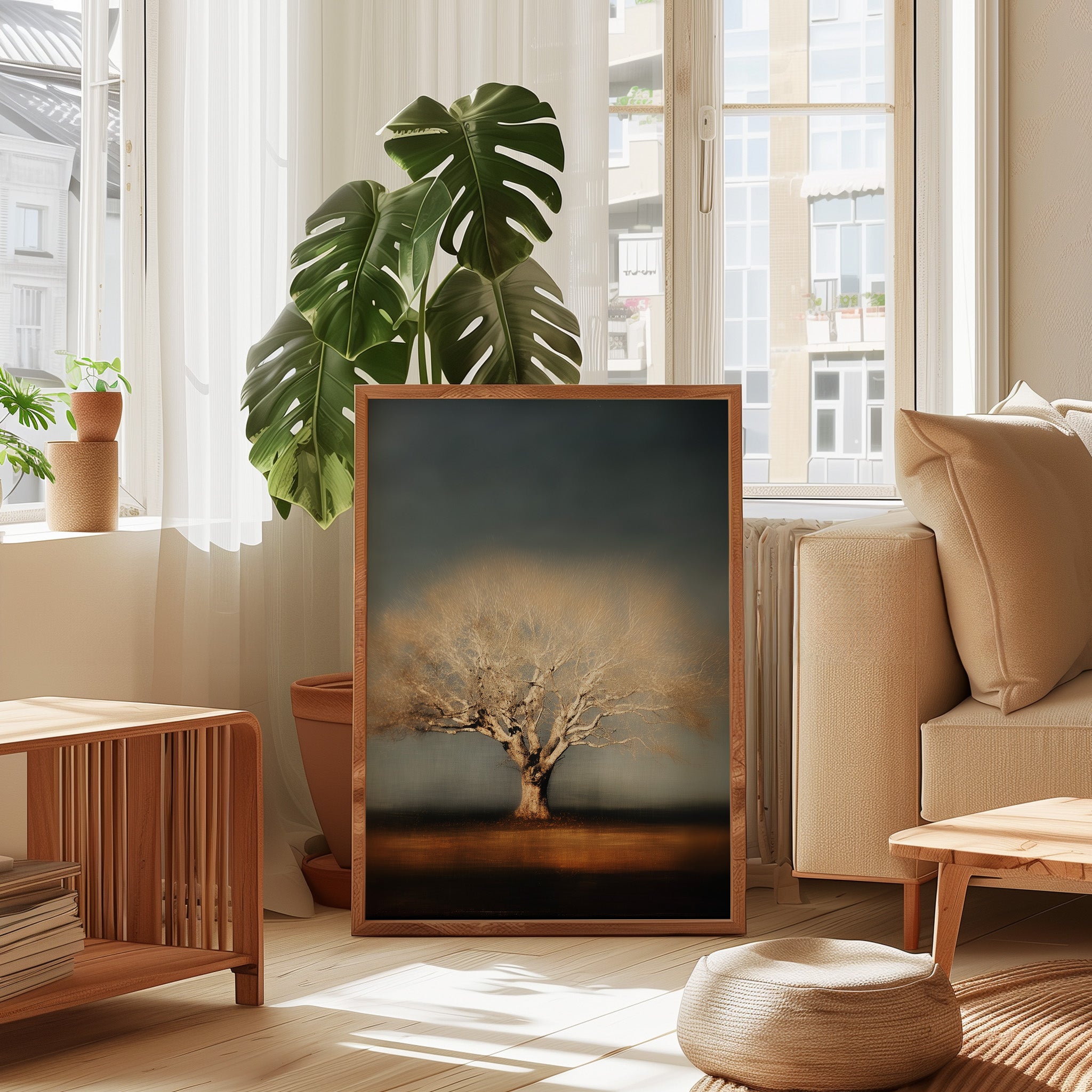 Minimalist Tree Wall Art – Moody Wall Decor | Indigo Sky Painting | Sepia Tone Art Canvas