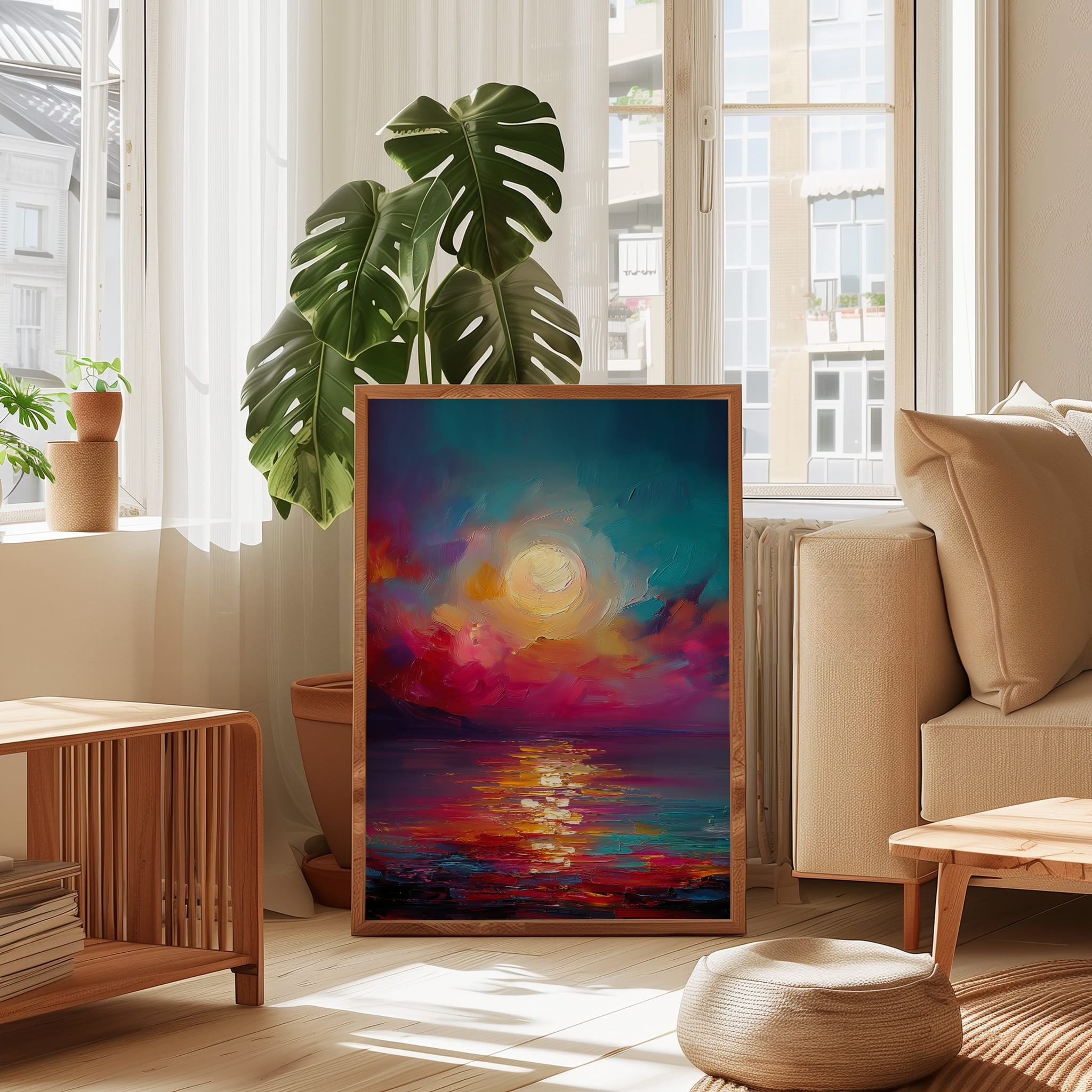 Fantasy Moon Wall Art – Luminous Full Moon Print | Vibrant Dream Seascape