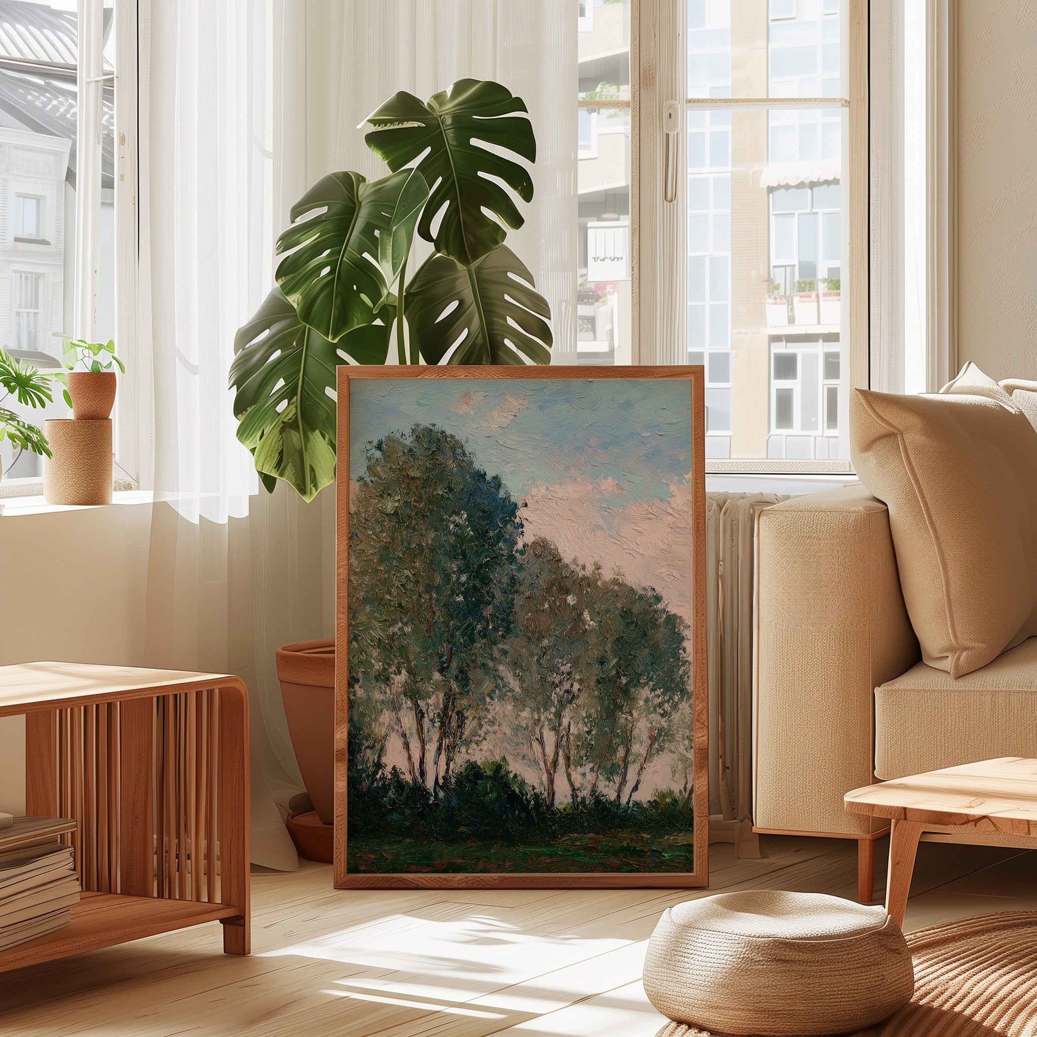 Landscape Wall Art – Teal Pink Painting | Wide Angle Rural Horizon Art Print