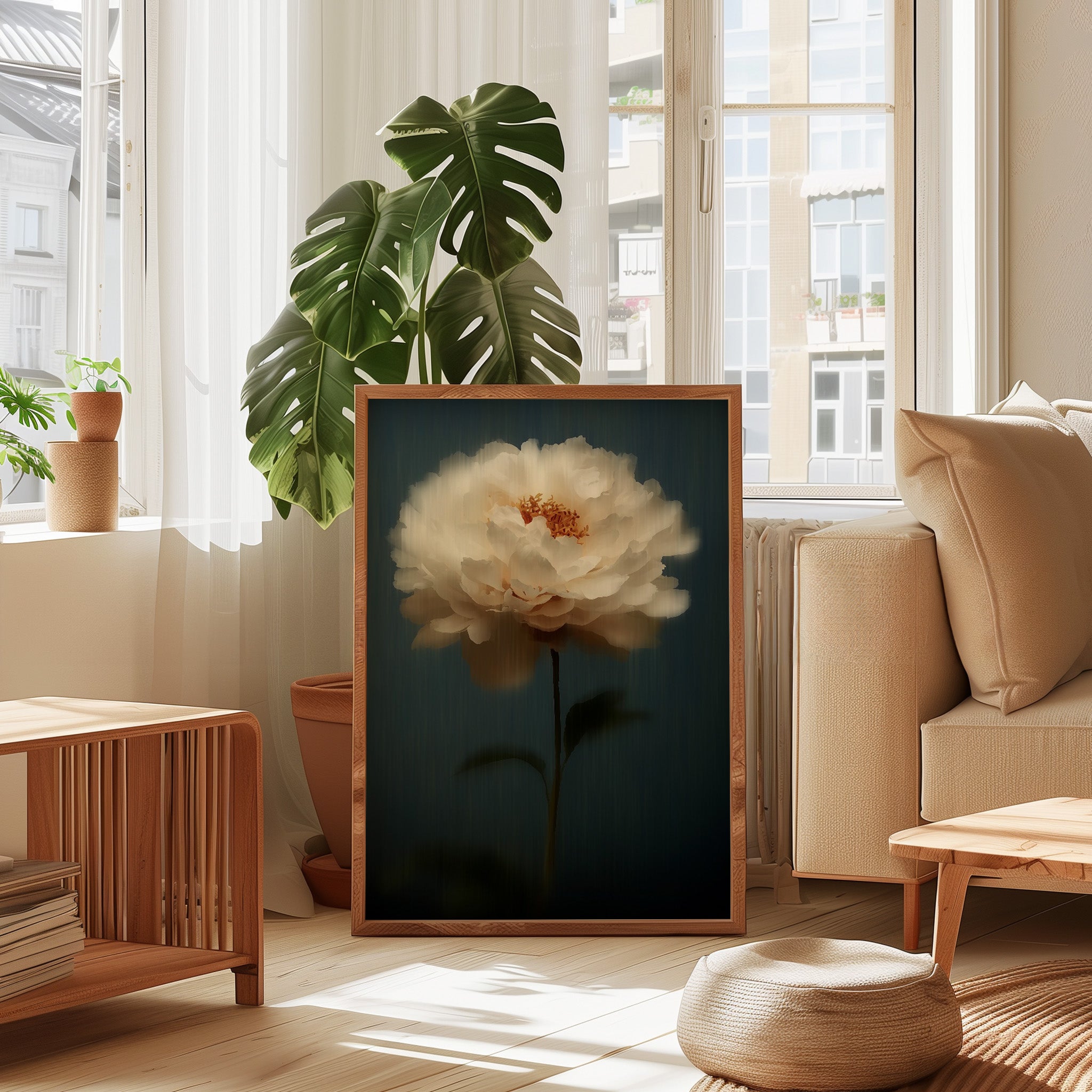 White Peony Wall Art – Dark Floral Painting | Minimalist Floating Flower Decor