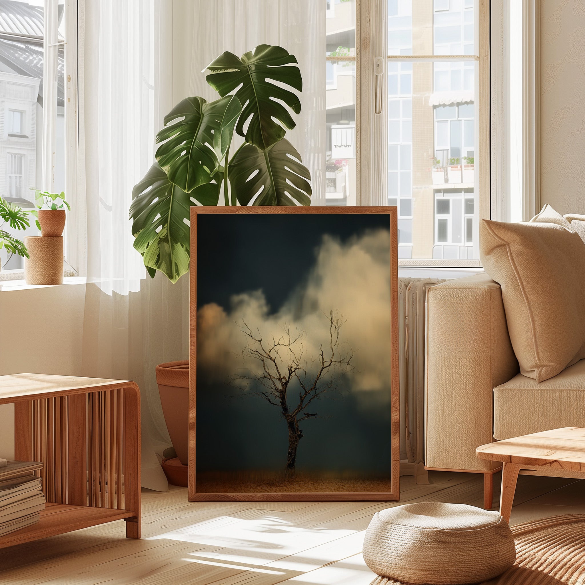 Minimalist Dead Tree Art | Moody Wall Art Print – Beige Cloud Background | Framed Canvas Wrap