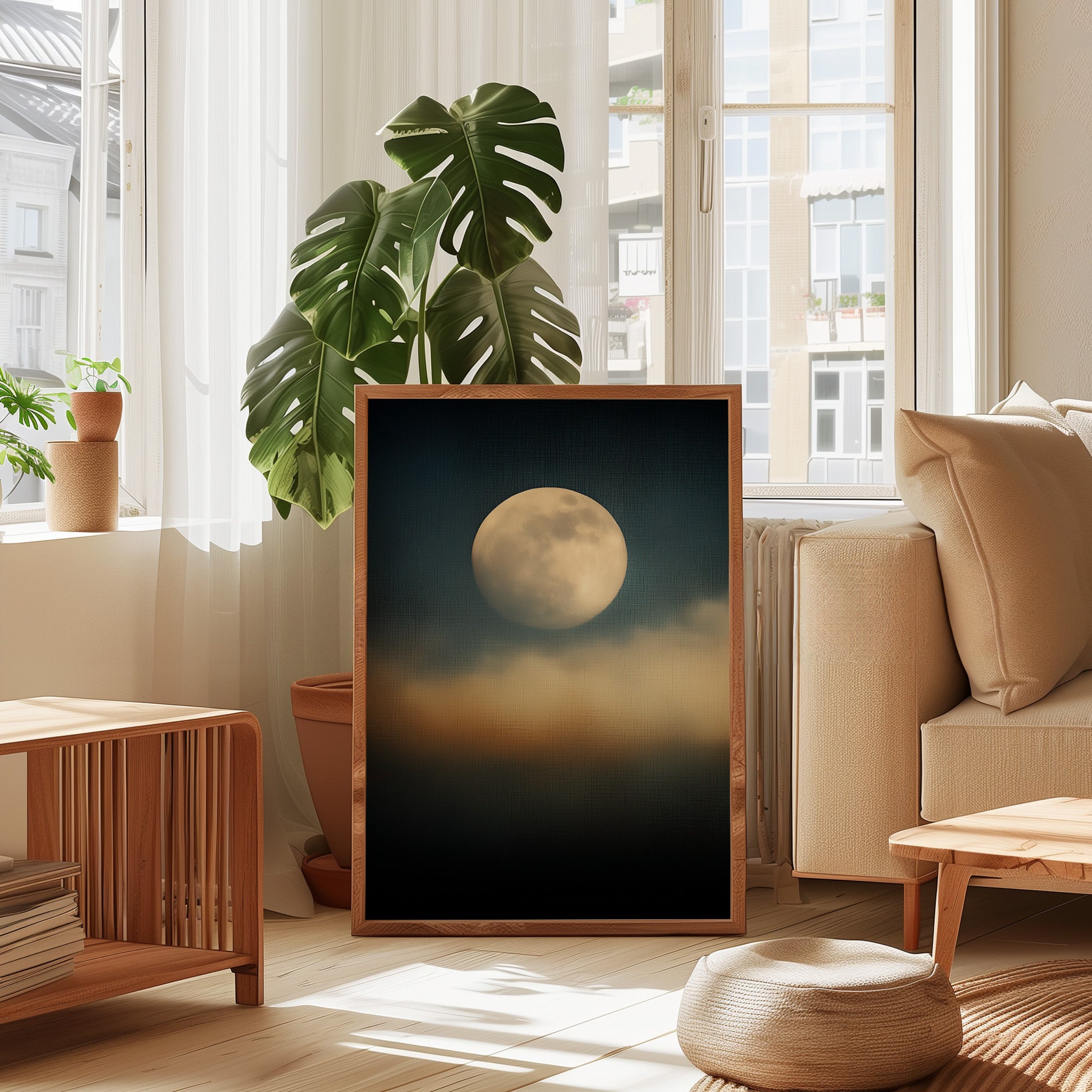Full Moon Wall Art – Moody Night Sky Celestial Decor | Velvety Midnight Blue Canvas Print