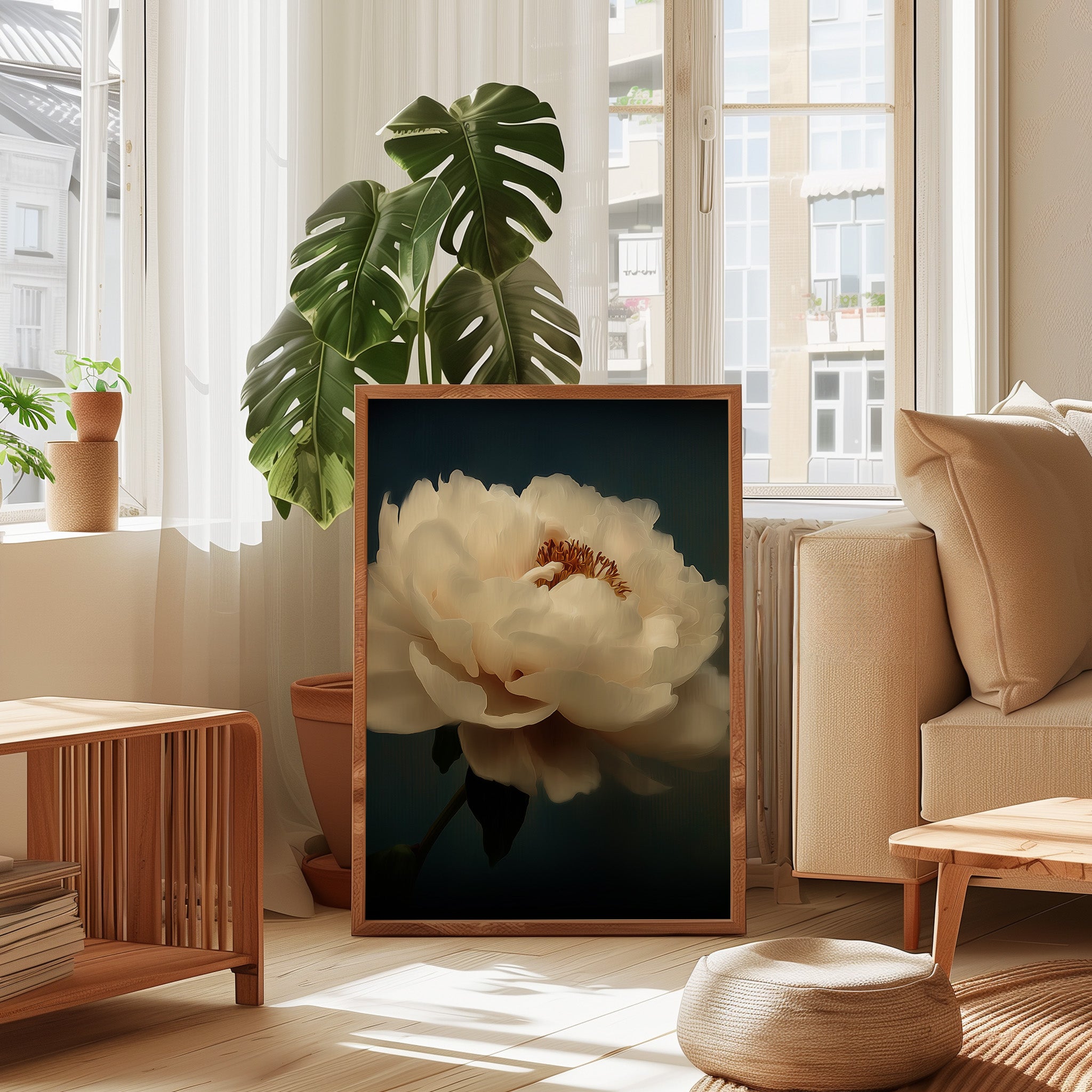 White Peony Wall Art – Minimalist Floral Print | Dark Moody Painting Canvas Gallery Wrap