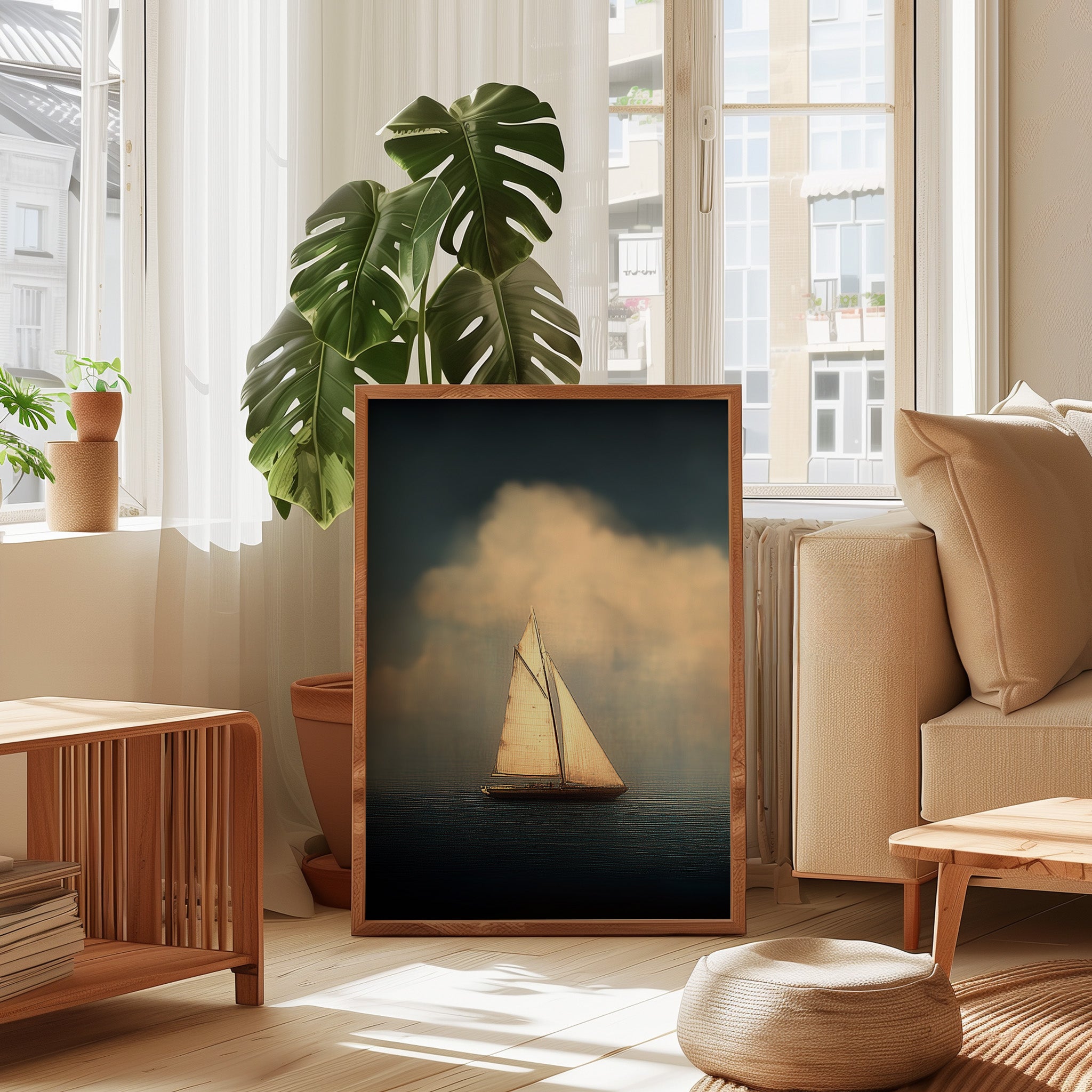 Solitary Sailboat Wall Art – Moody Coastal Decor | Midnight Blue Ocean Painting