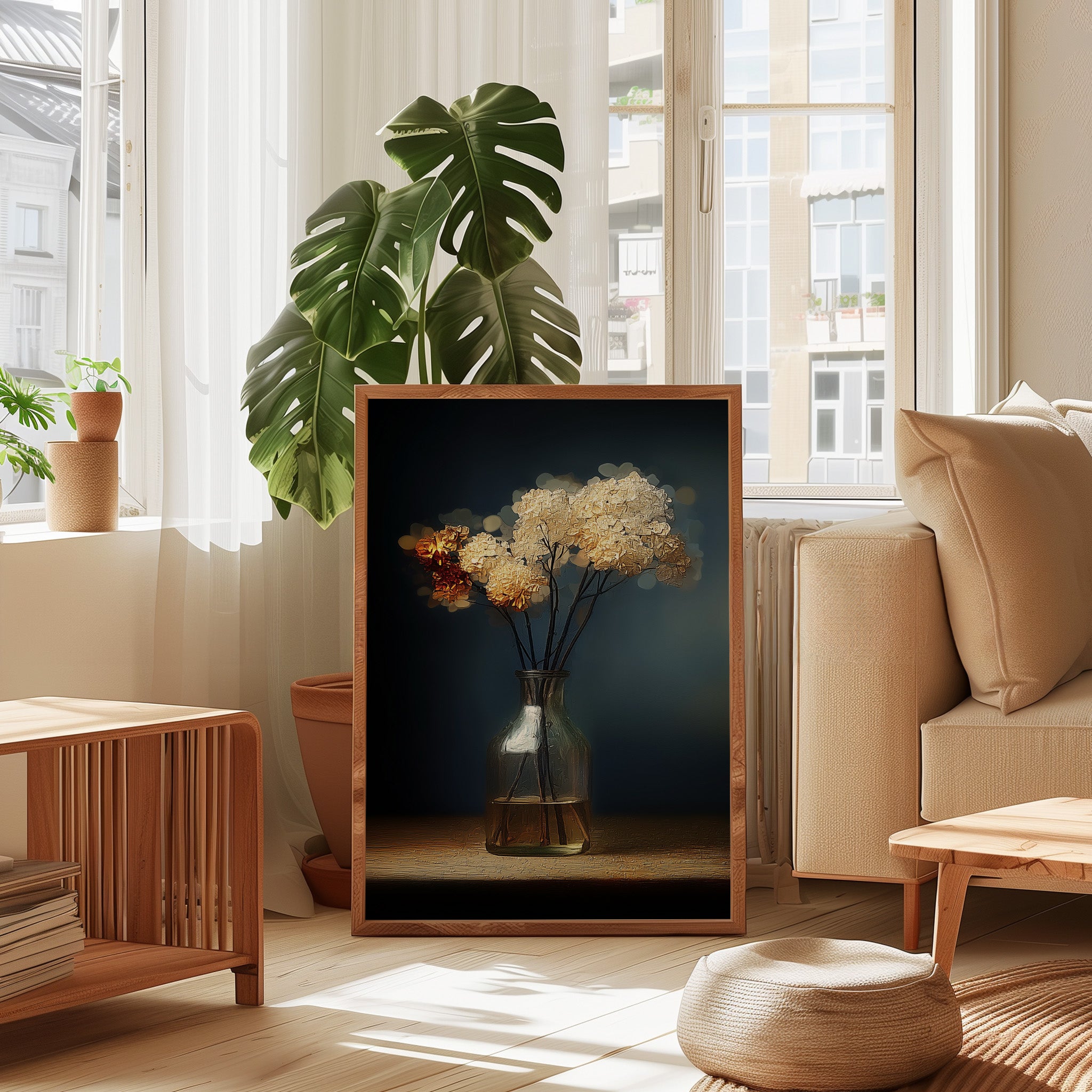 Dried Flowers Wall Art – Moody Minimalist Painting | Velvety Midnight Blue Print