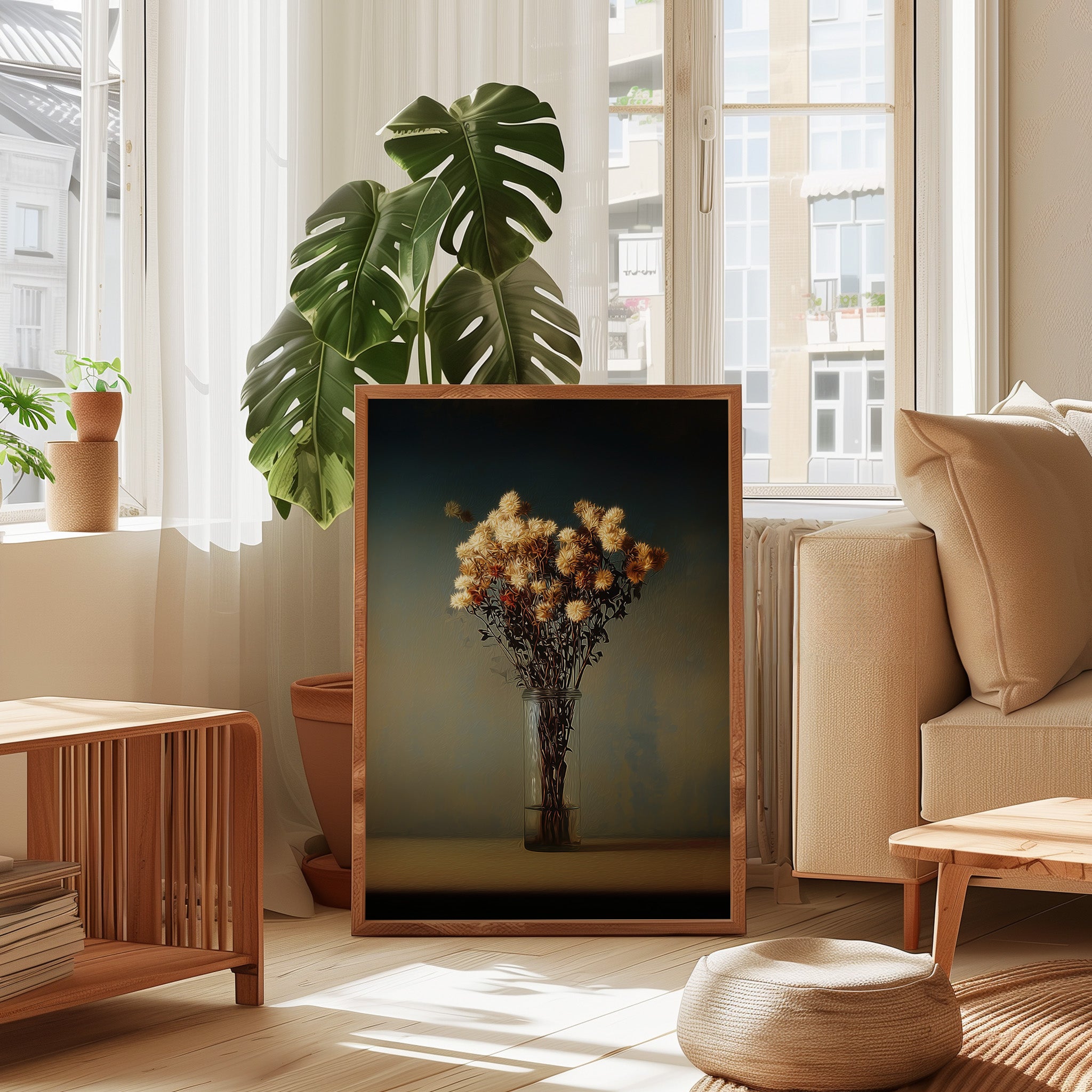 Dark Moody Artwork – Minimalist Wall Art With Velvety Midnight Blue Print & Aged Flowers