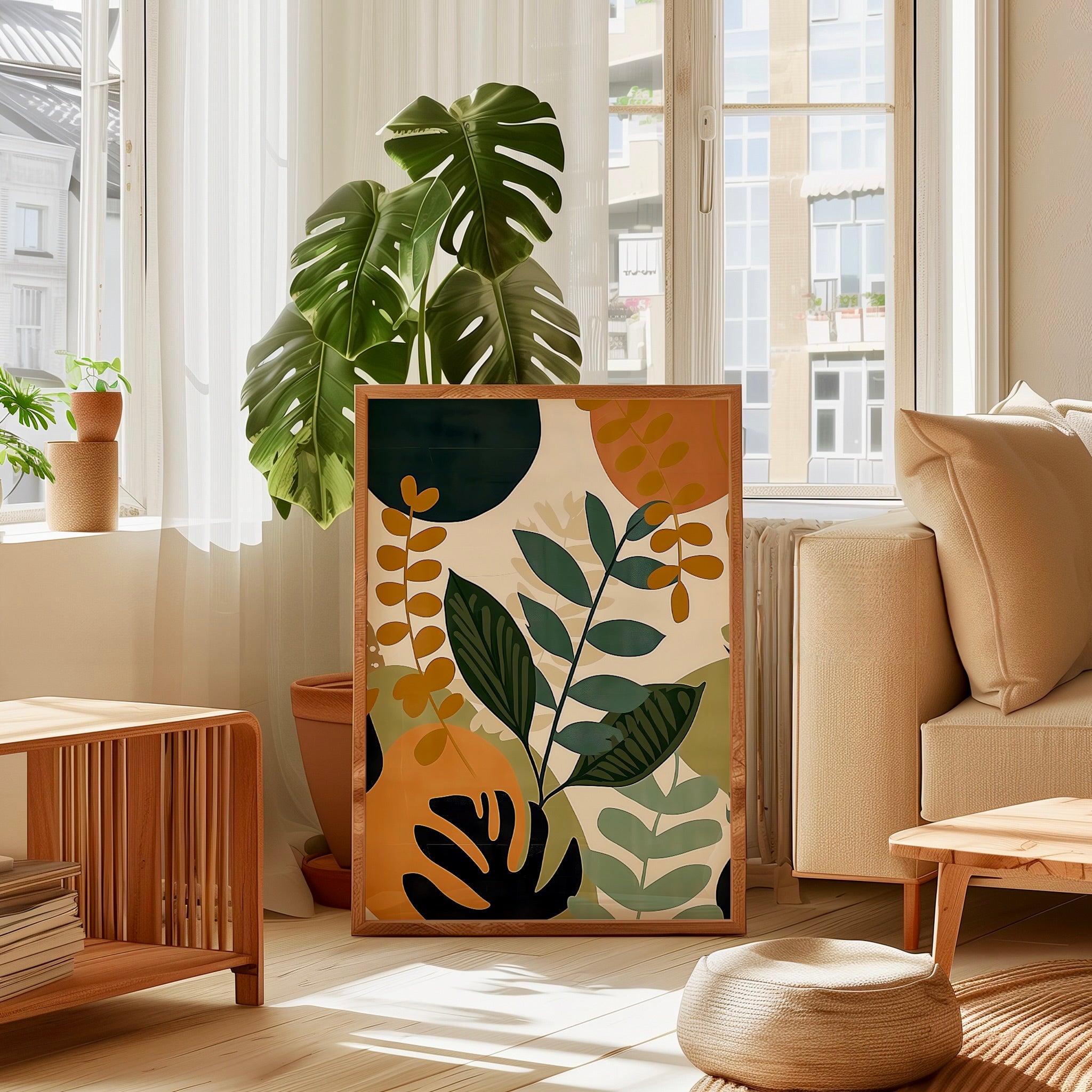 Tropical Tranquility: Mid-Century Modern Abstract Leaf Art | Serene & Chic Wall Decor