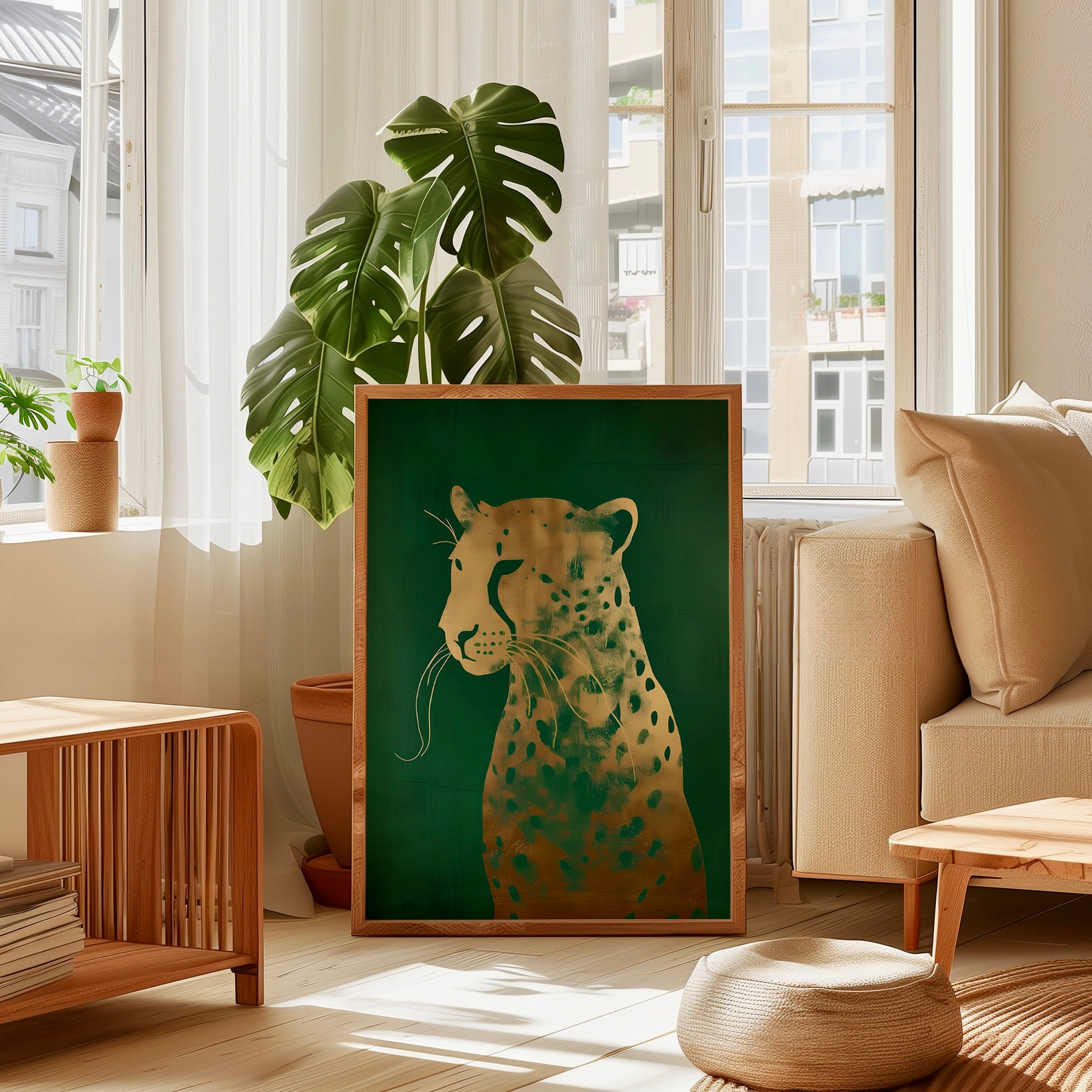 Emerald Leopard: Eclectic Green and Gold Wildlife Art | Maximalist & Chic Wall Decor