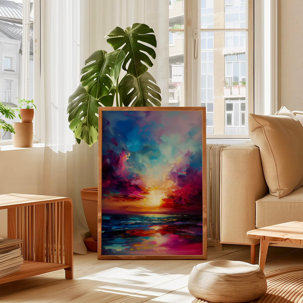 The Sunken Sun: Vibrant Abstract Sunset | Impressionist Landscape Wall Art