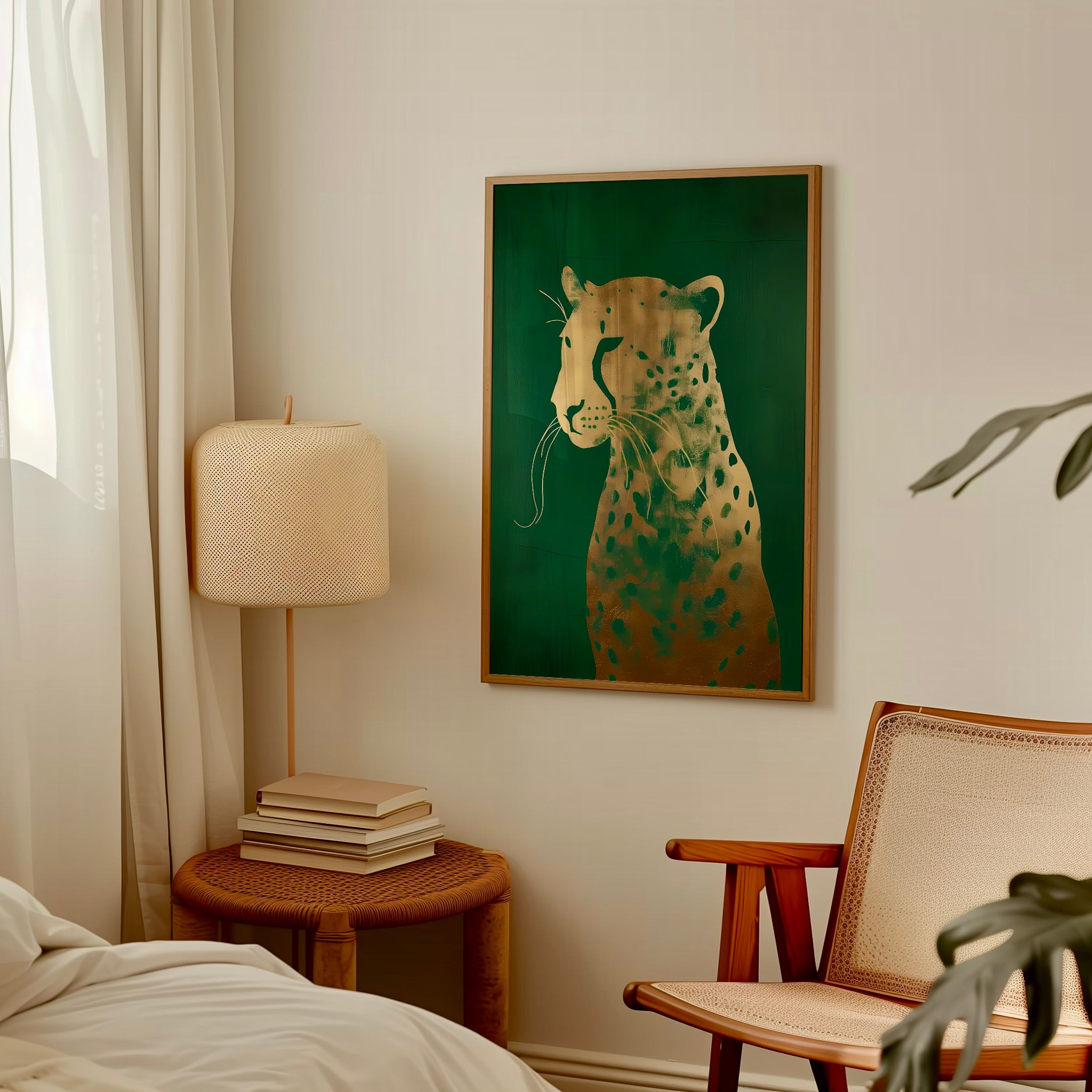 Emerald Leopard: Eclectic Green and Gold Wildlife Art | Maximalist & Chic Wall Decor