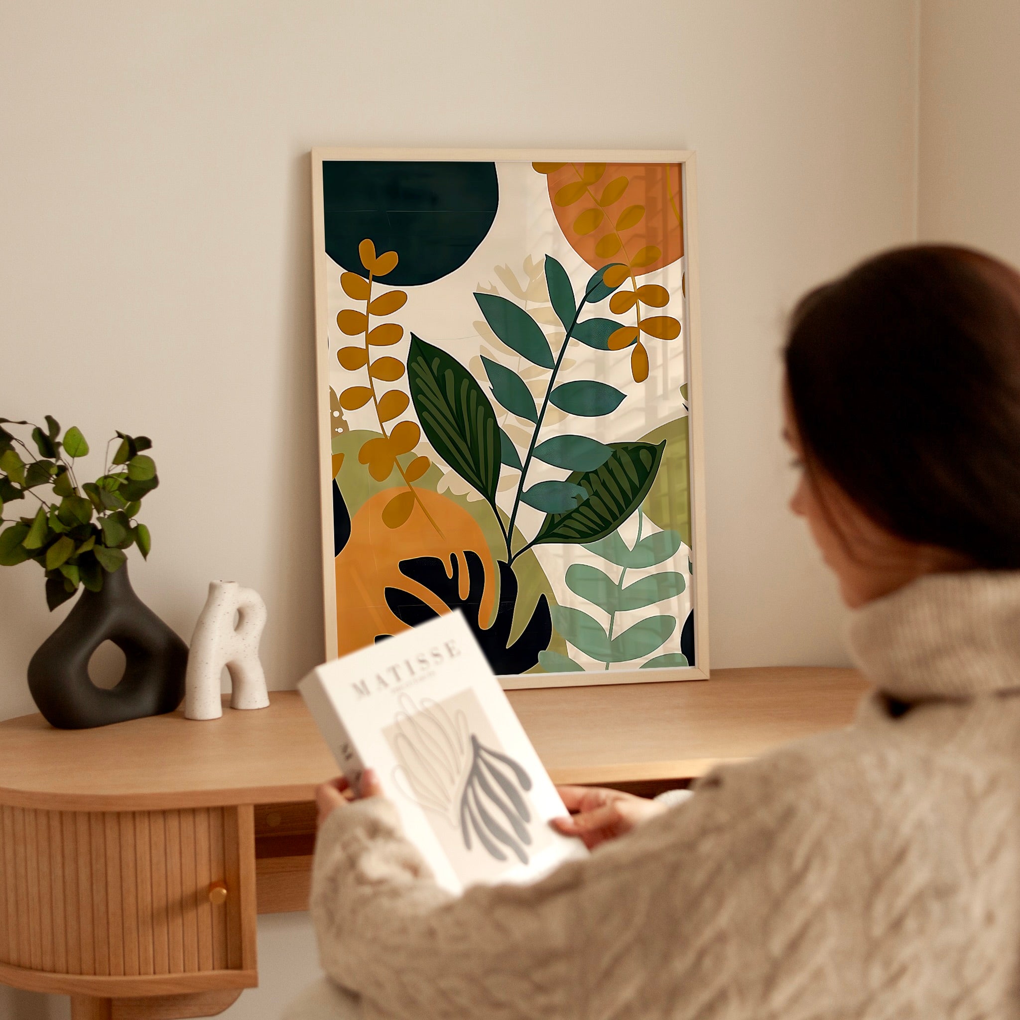Tropical Tranquility: Mid-Century Modern Abstract Leaf Art | Serene & Chic Wall Decor