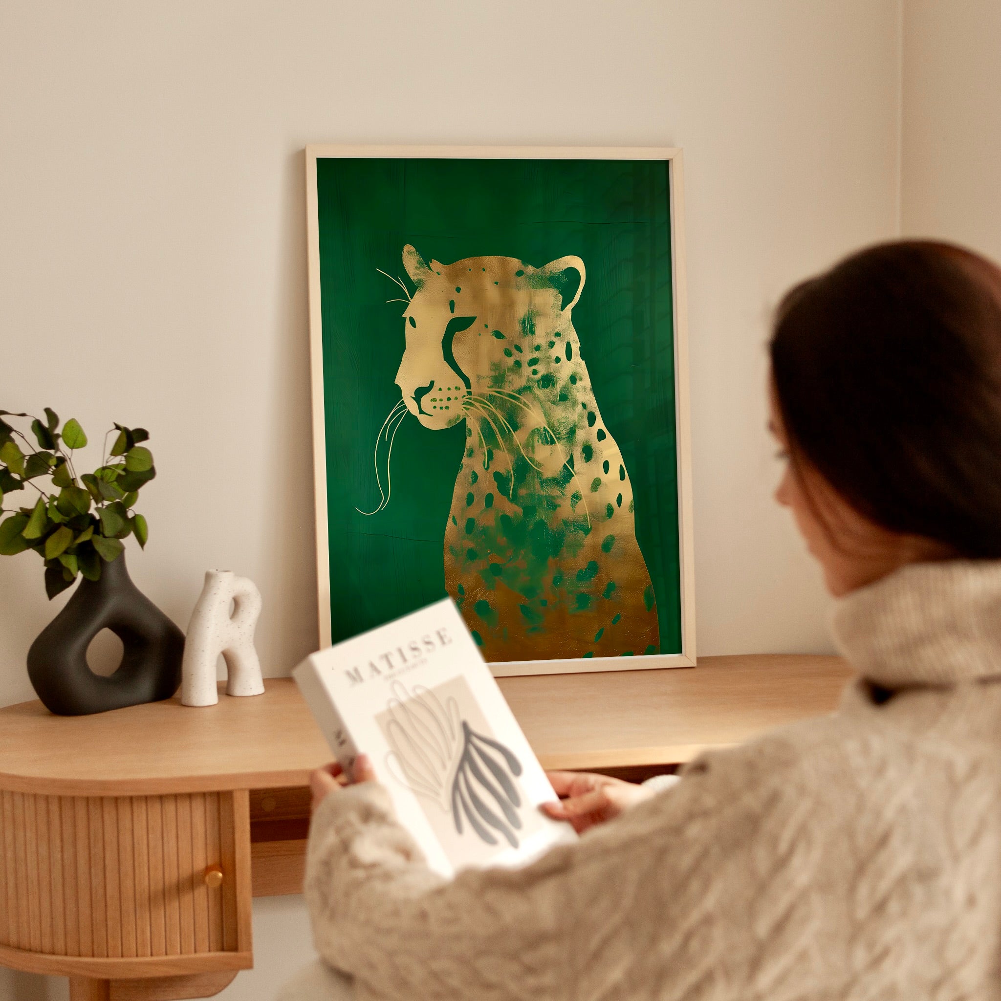 Emerald Leopard: Eclectic Green and Gold Wildlife Art | Maximalist & Chic Wall Decor