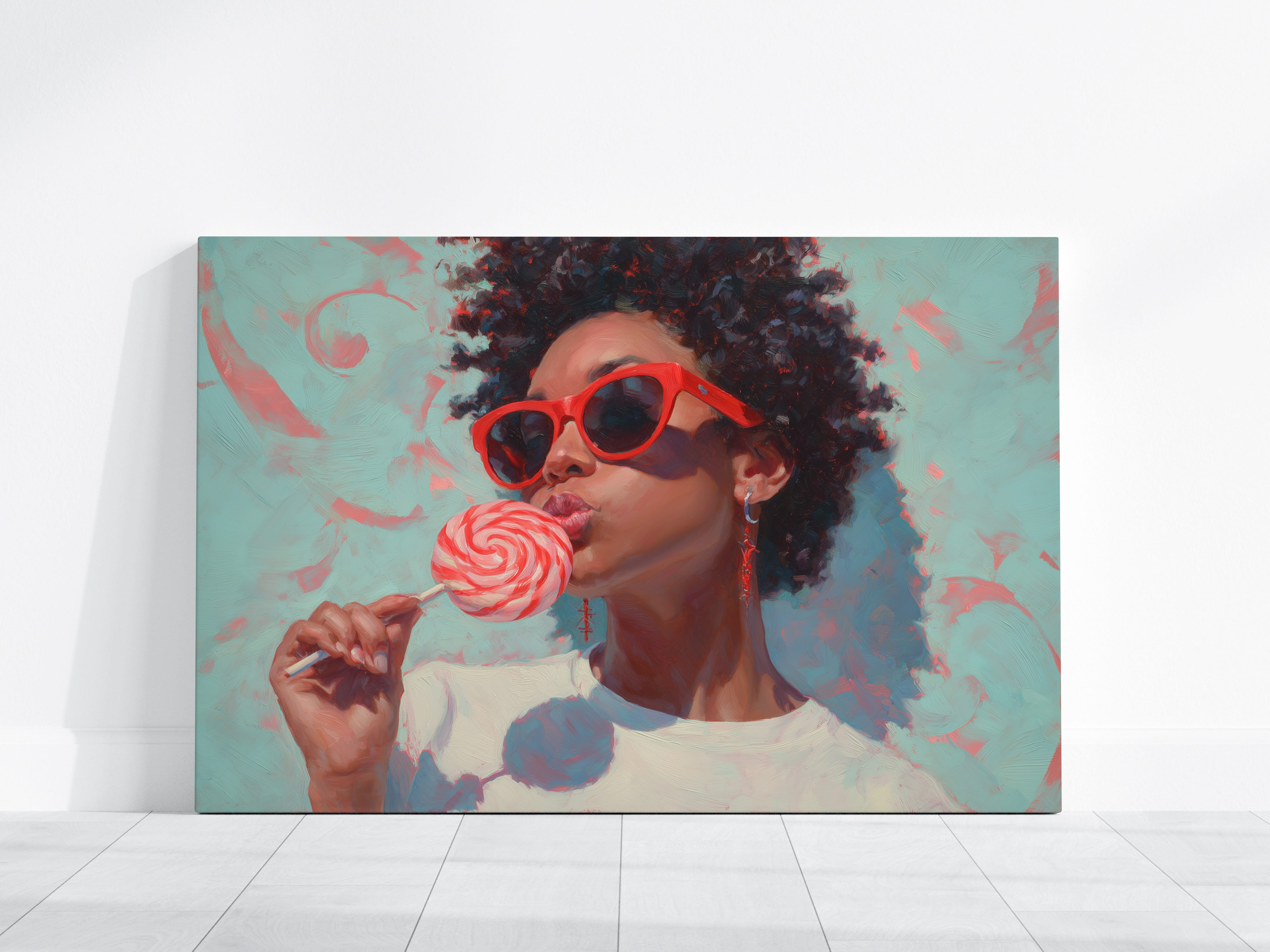 Retro Black Woman Wall Art – Red Lollipop Portrait | Afro Oil Painting Canvas
