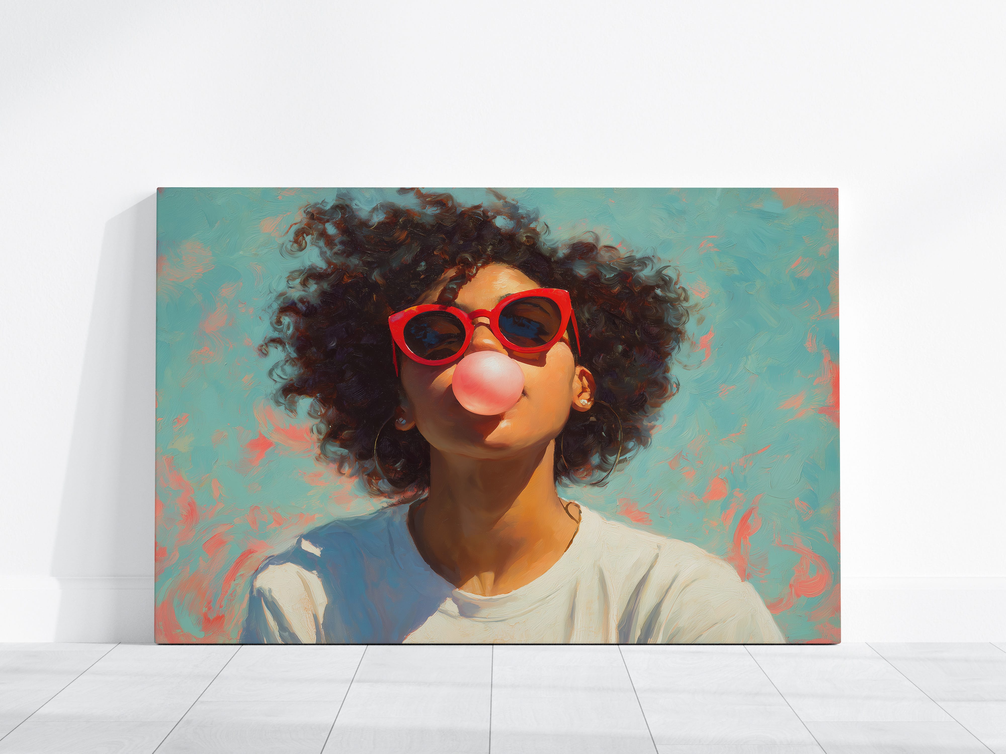 Retro Afro Portrait Print - Black Woman Bubble Gum Art | Red Cat Eye Sunglasses