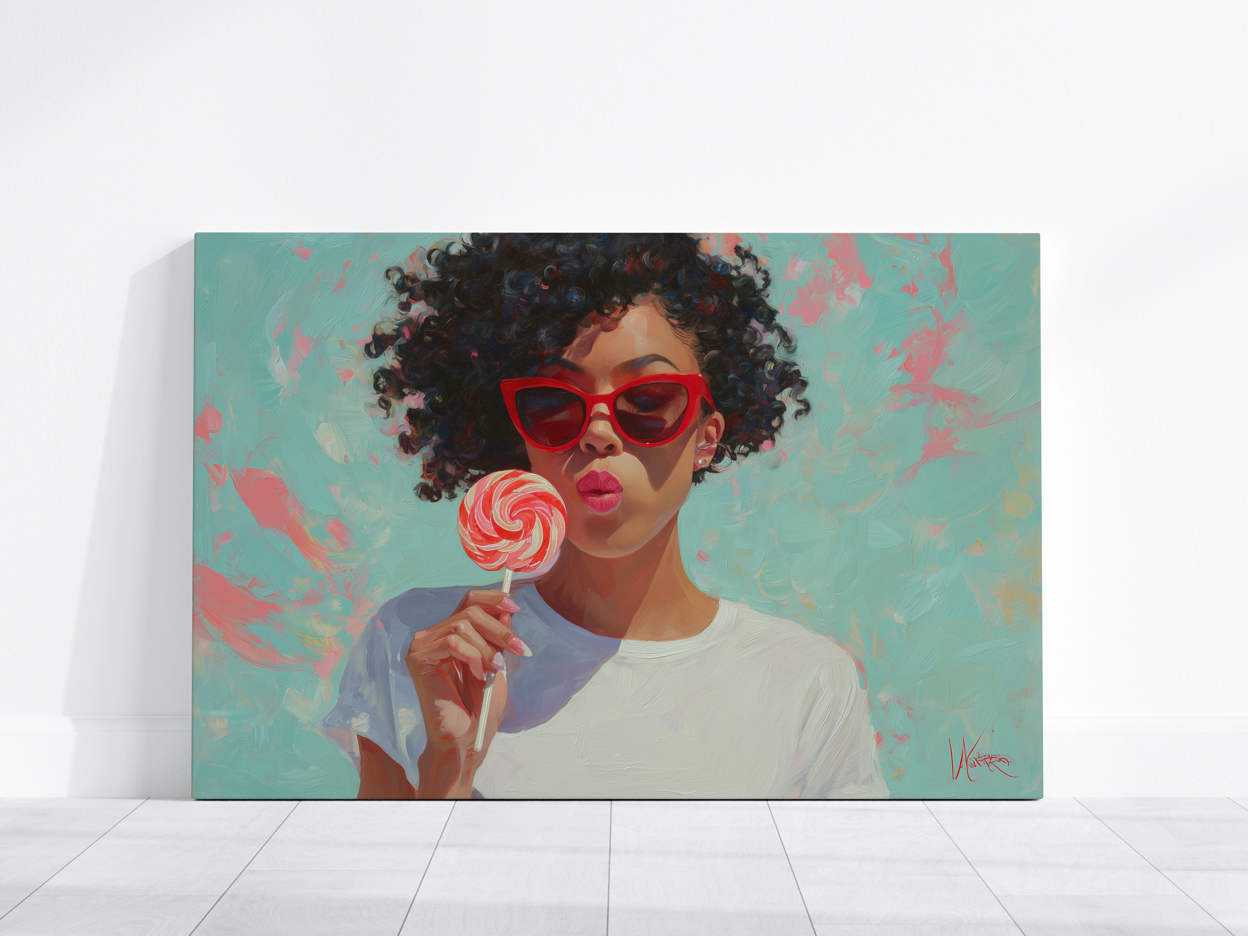 Retro Black Woman Wall Art - Afro Oil Painting | Red Lollipop Portrait | Playful Kitchen Decor