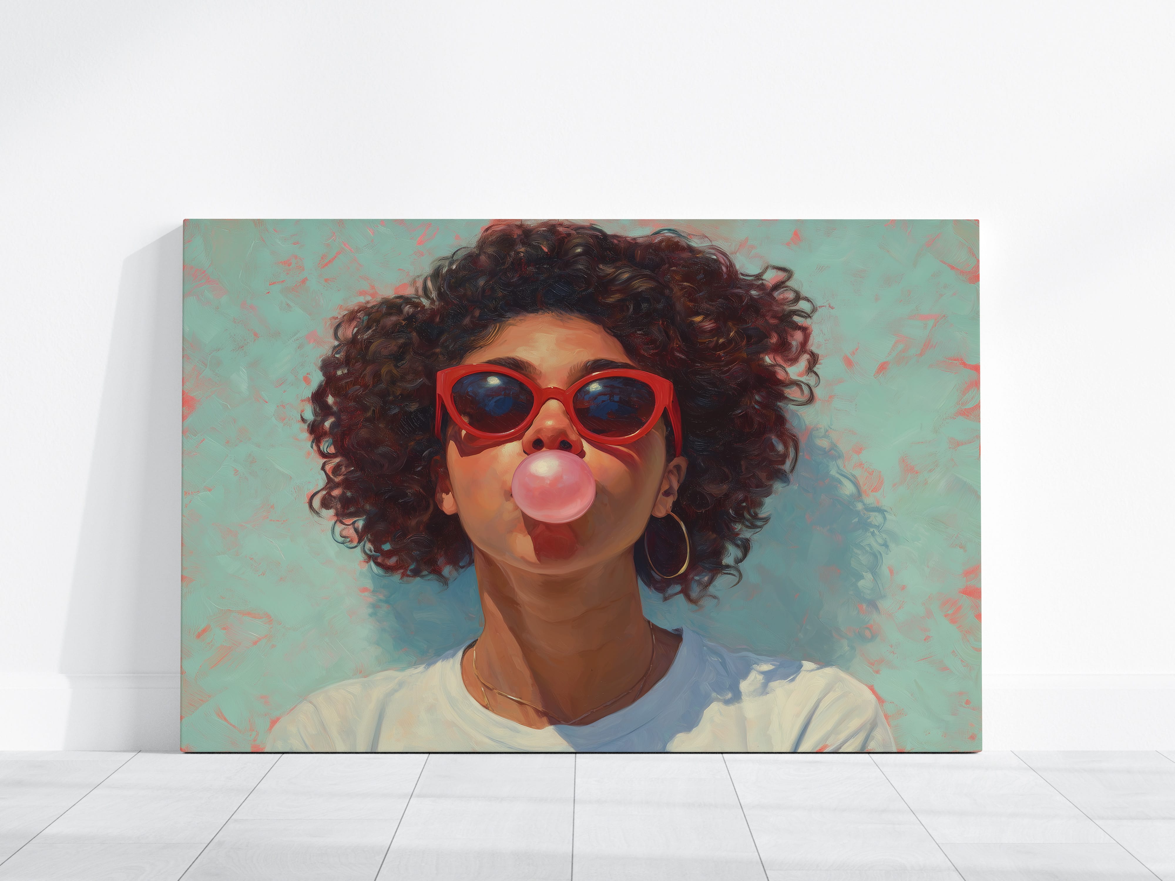 Retro Afro Portrait - Black Woman Bubble Gum Art | Red Cat Eye Sunglasses | Teal Kitchen Wall Decor