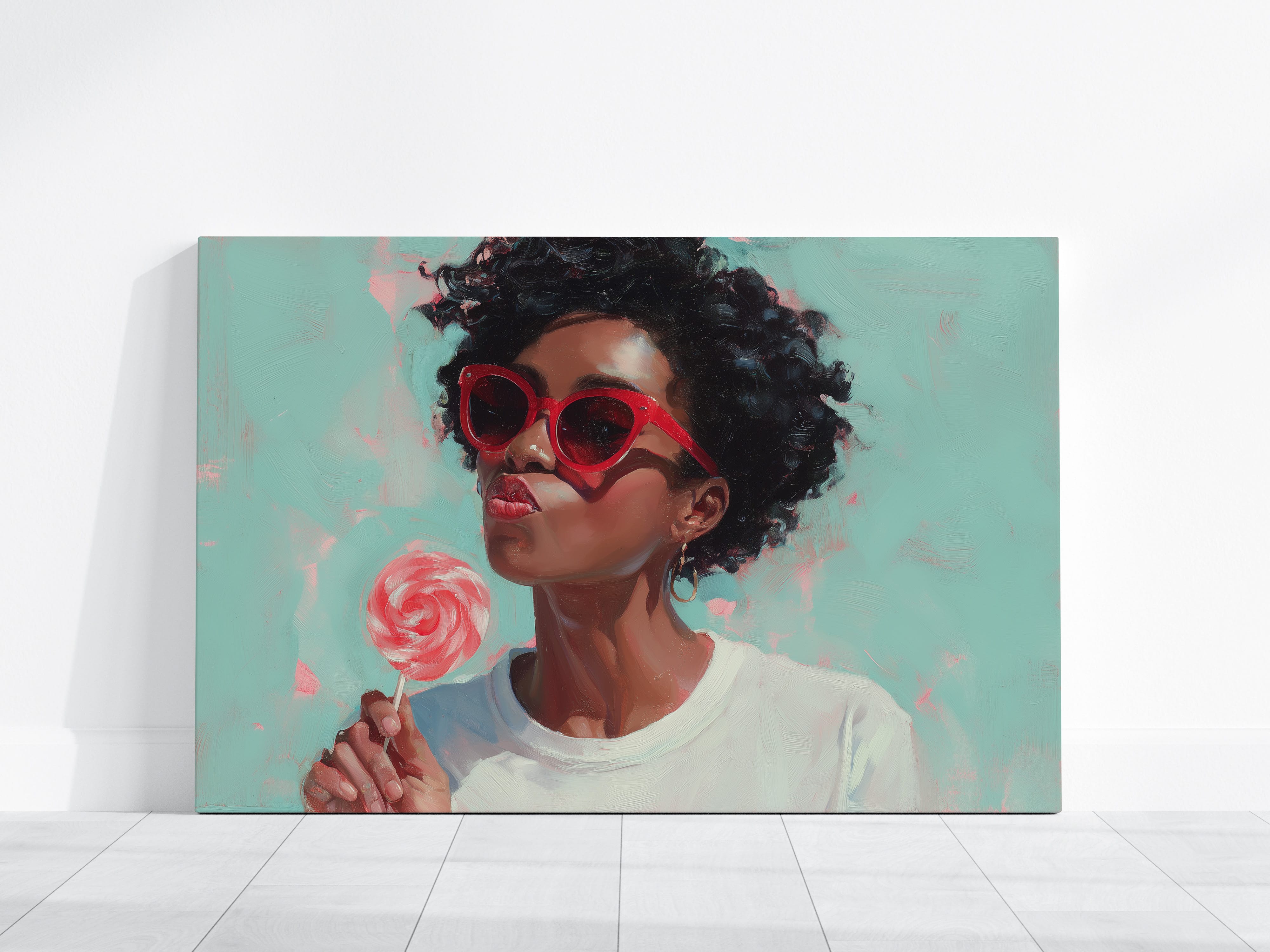 Retro Black Woman Wall Art – Red Lollipop Portrait | Afro Oil Painting | Playful Kitchen Decor