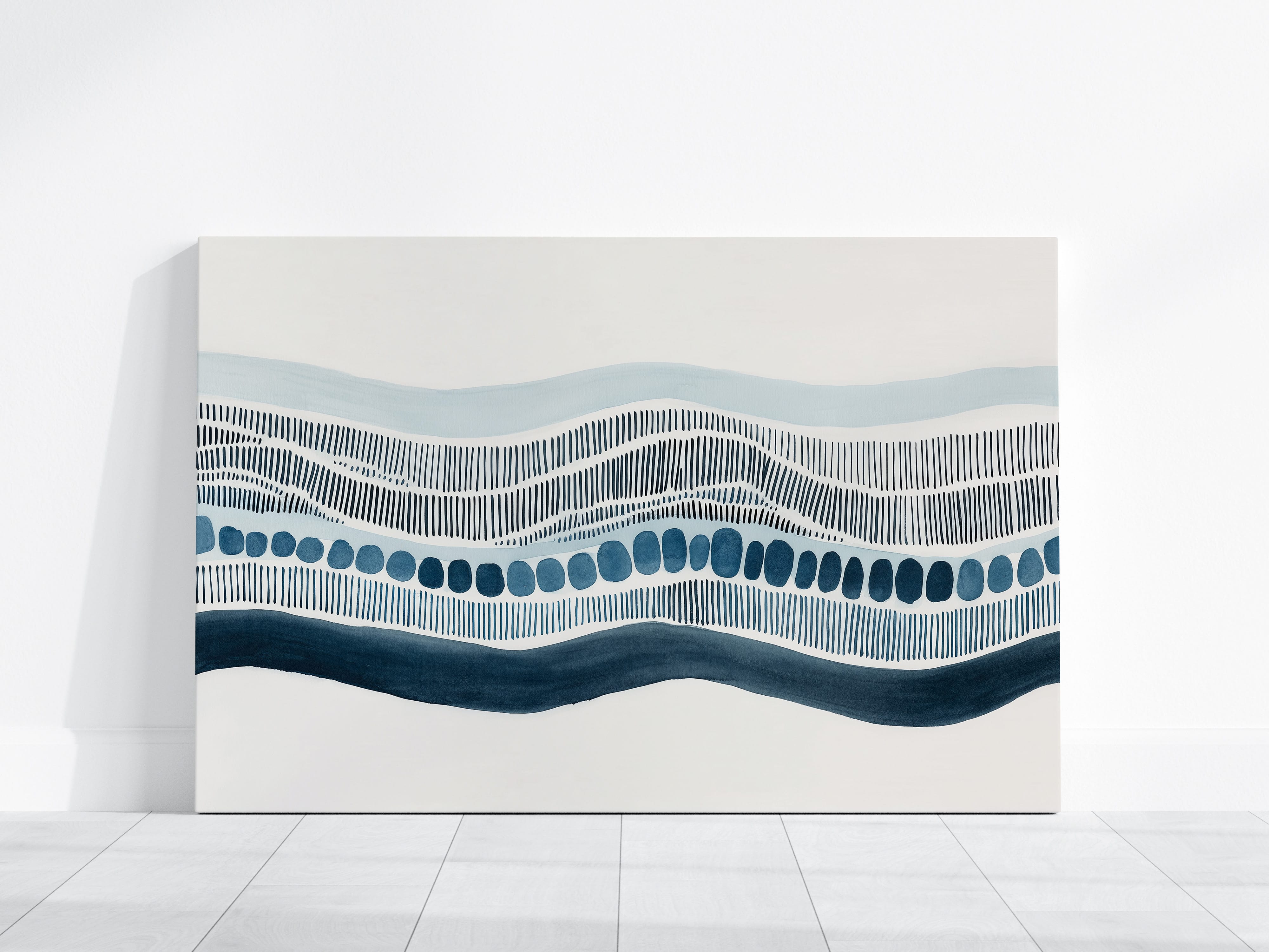 Abstract Wave Print | Minimalist Wall Art with Navy Blue Dashed Line Artwork