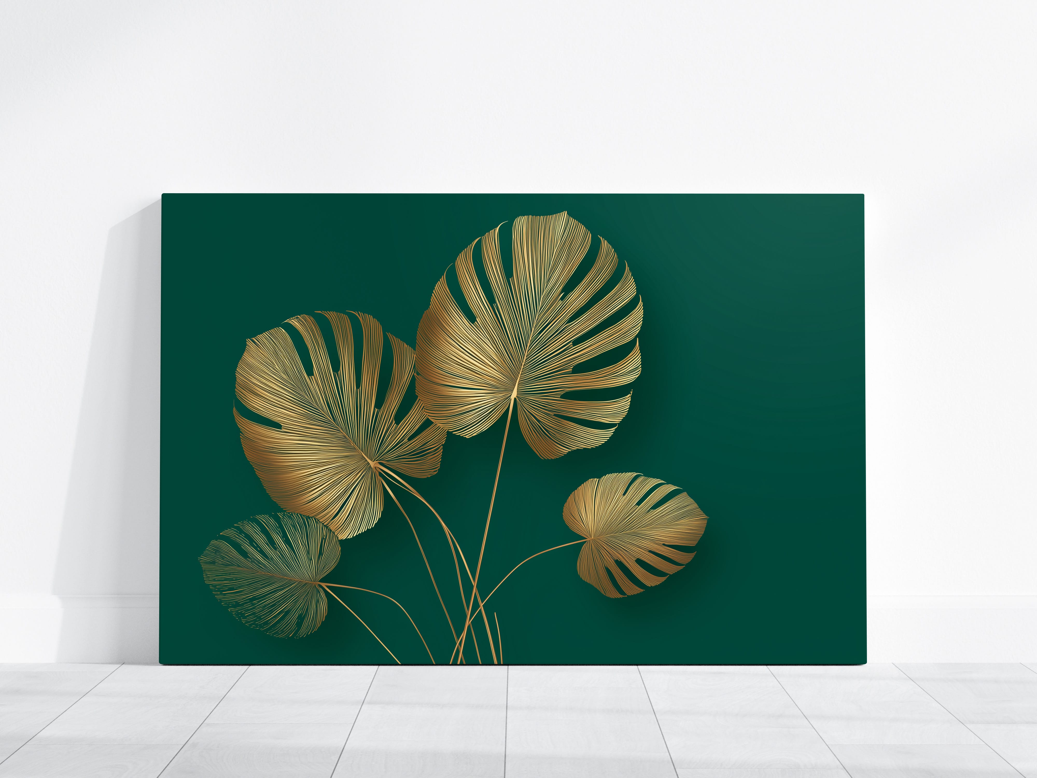 Gold Monstera Wall Art – Oversized Leaf Poster | Emerald Green Decor | Metallic Gold Foil Leaf Print