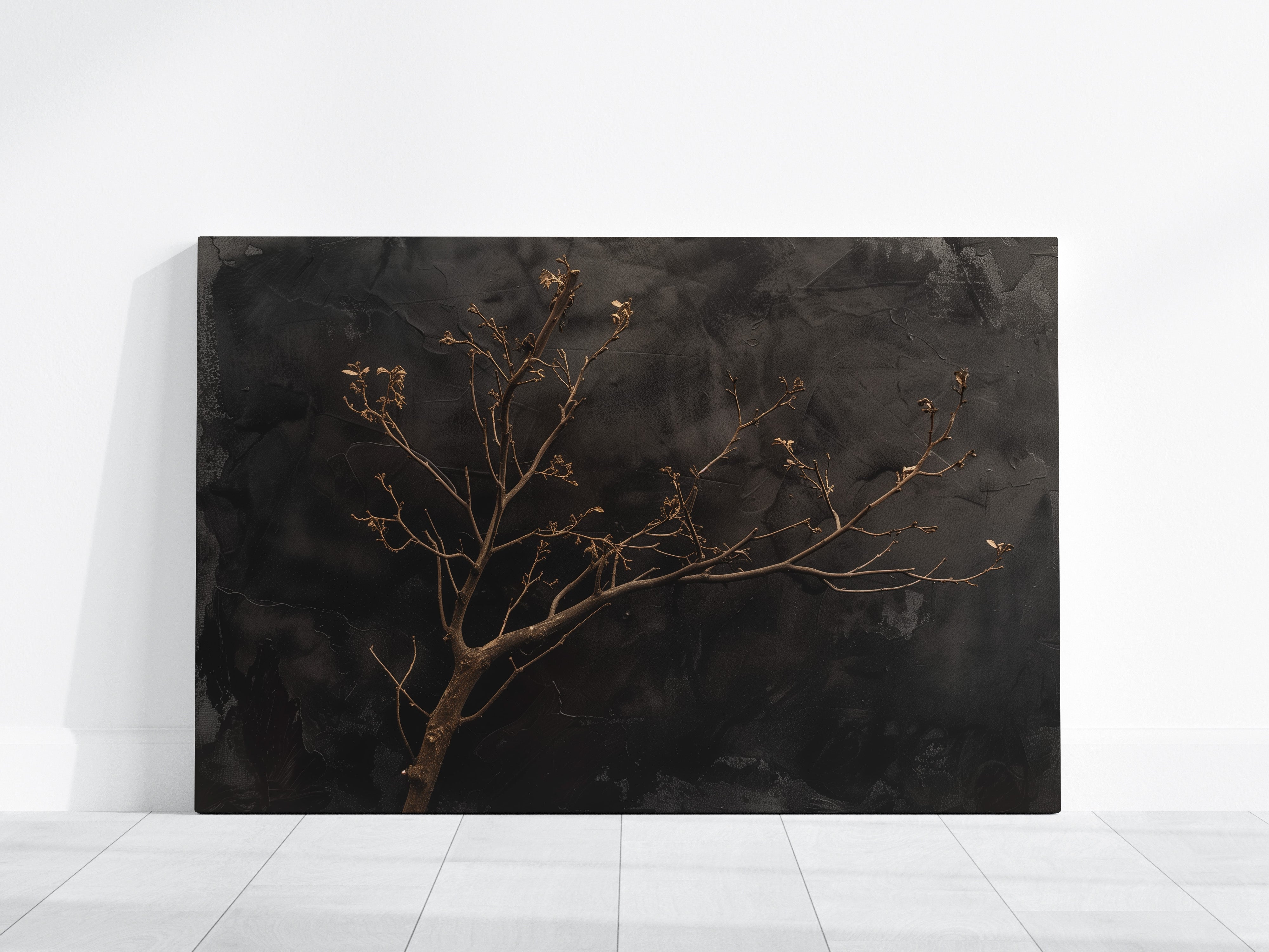 Minimalist Gnarled Branch Painting – Dark Moody Wall Art | Charcoal Sepia Texture