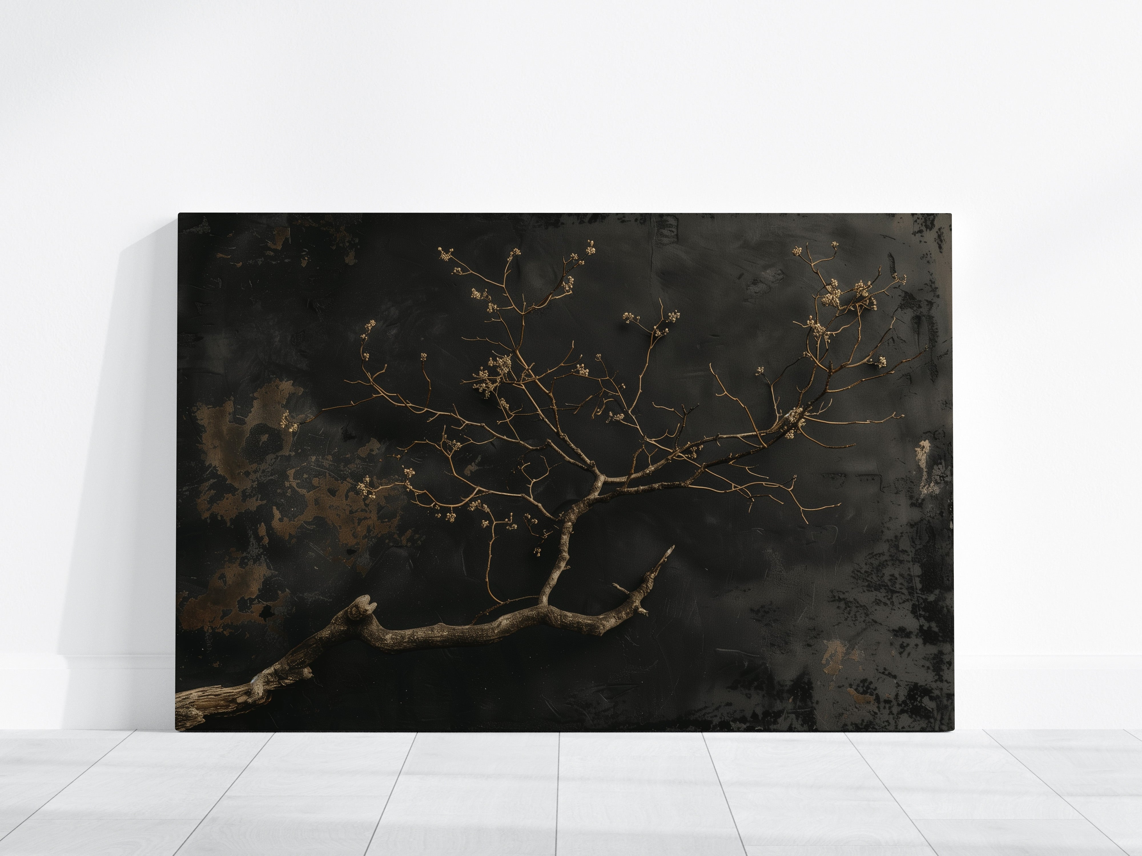 Minimalist Gnarled Branch Painting – Dark Moody Wall Art | Charcoal Sepia Texture