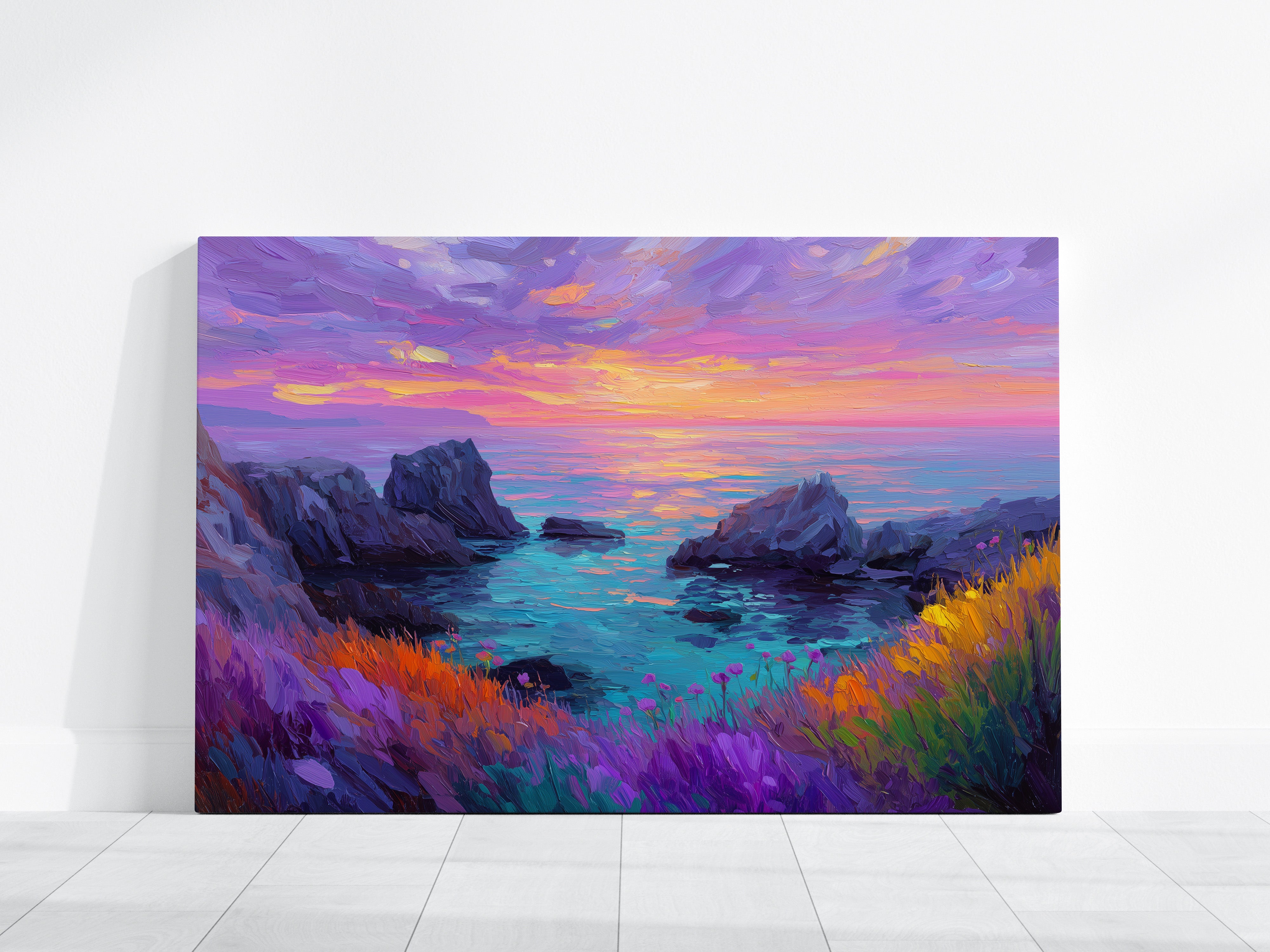 Abstract Coast Wall Art – Vibrant Sunset Print With Impasto Brushstrokes | Adventure Landscape