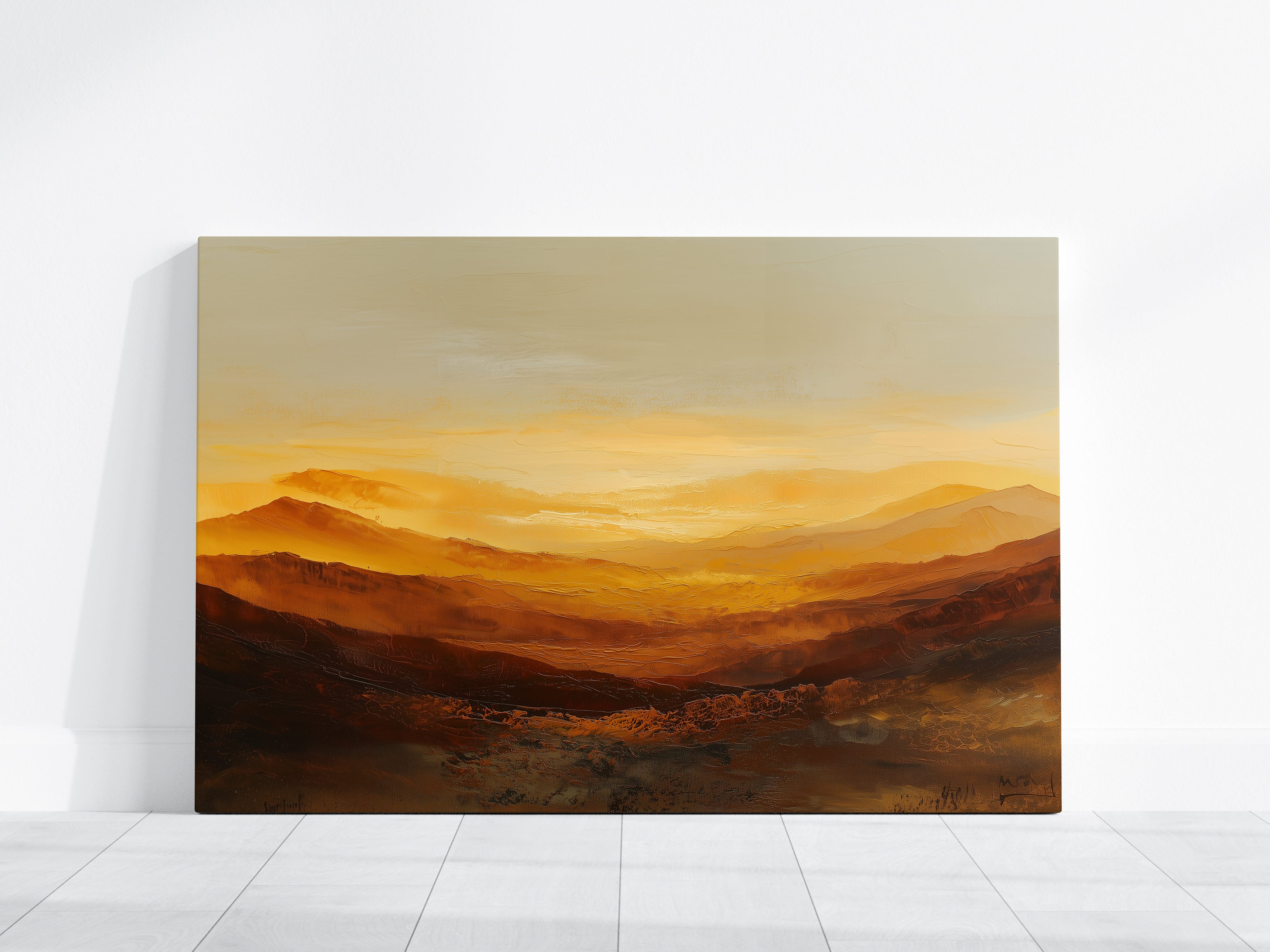 Amber Gold Wall Art - Abstract Canvas Print | Heavy Impasto Painting | Horizontal Palette Knife Decor