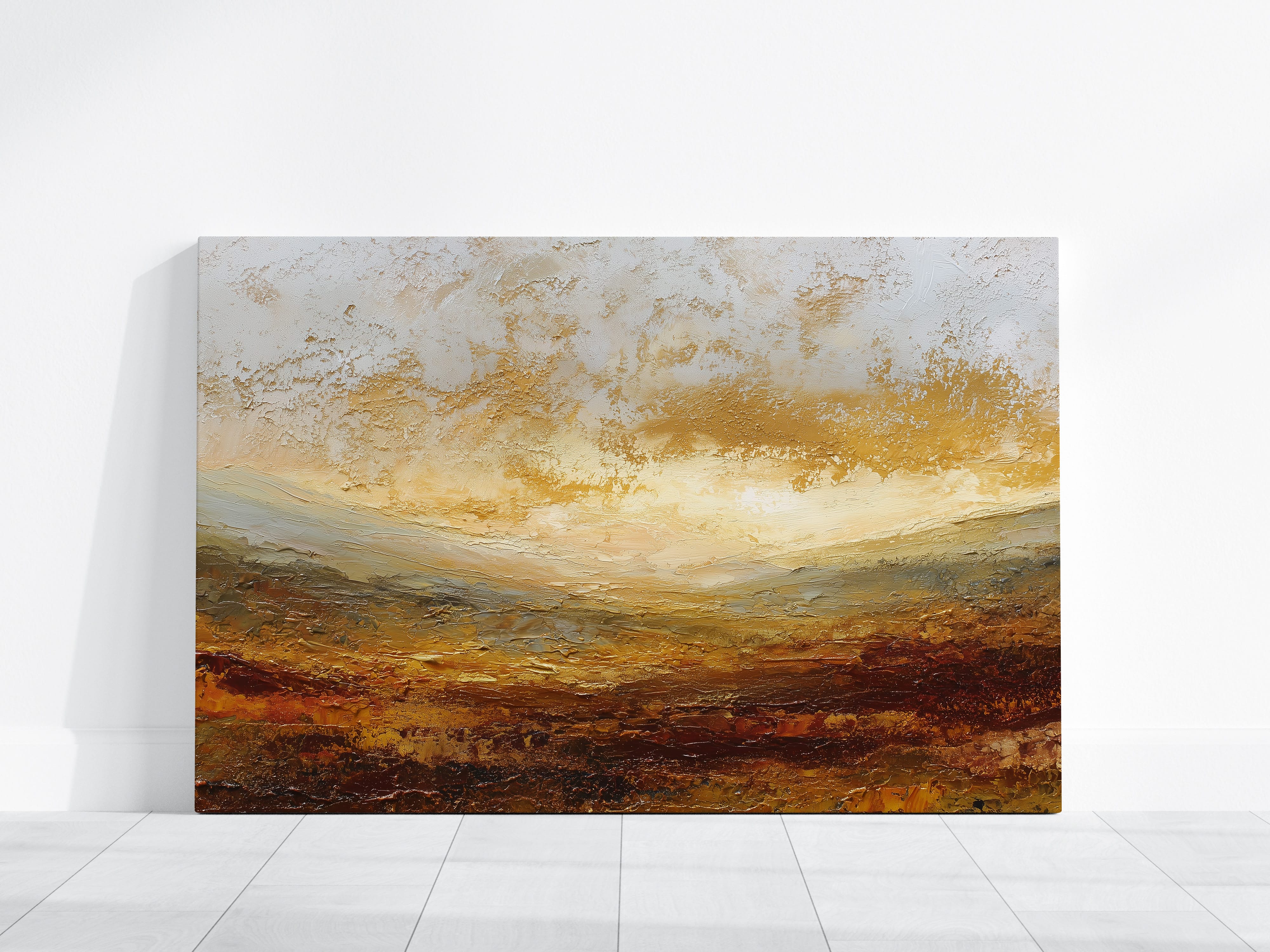 Abstract Horizon Wall Art – Burnt Orange Art | Deep Amber Print | Palette Knife Texture