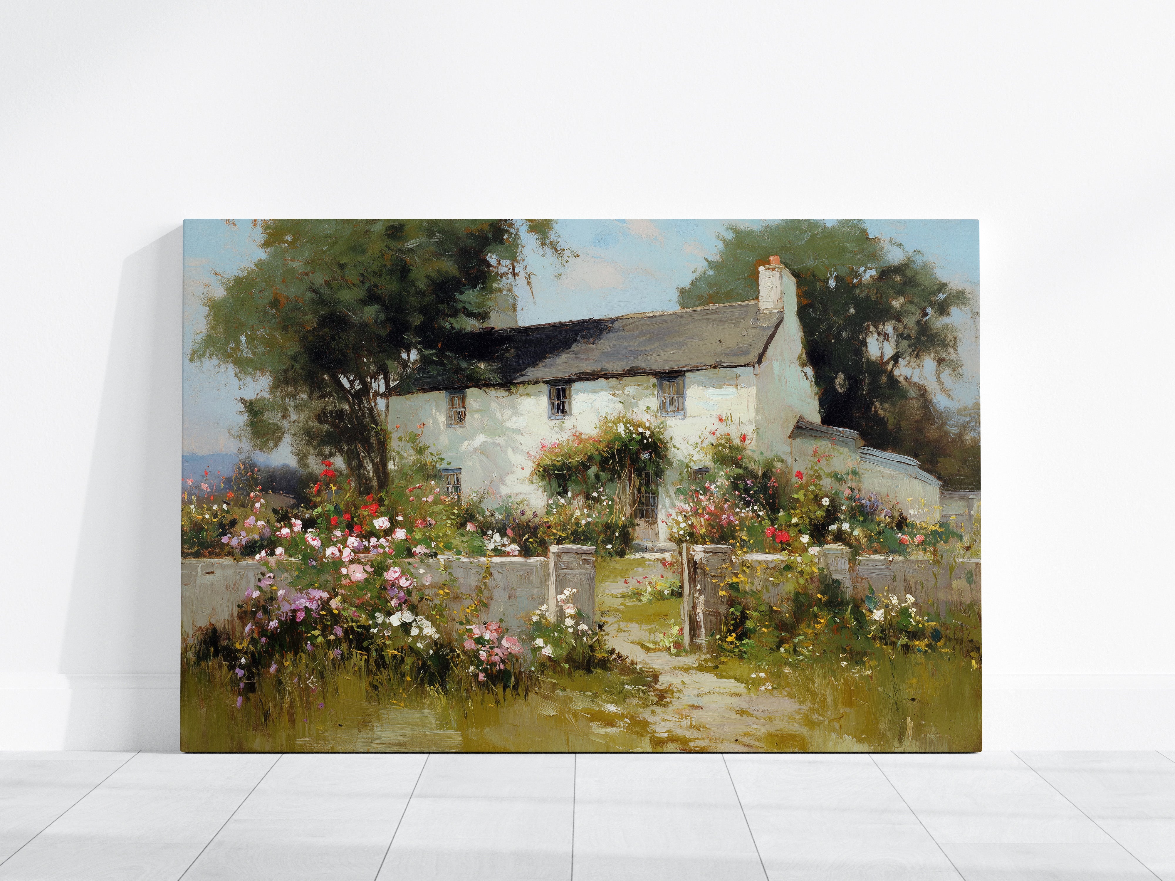 English Cottage Wall Art – Rustic Charm Floral Landscape Oil Painting Canvas