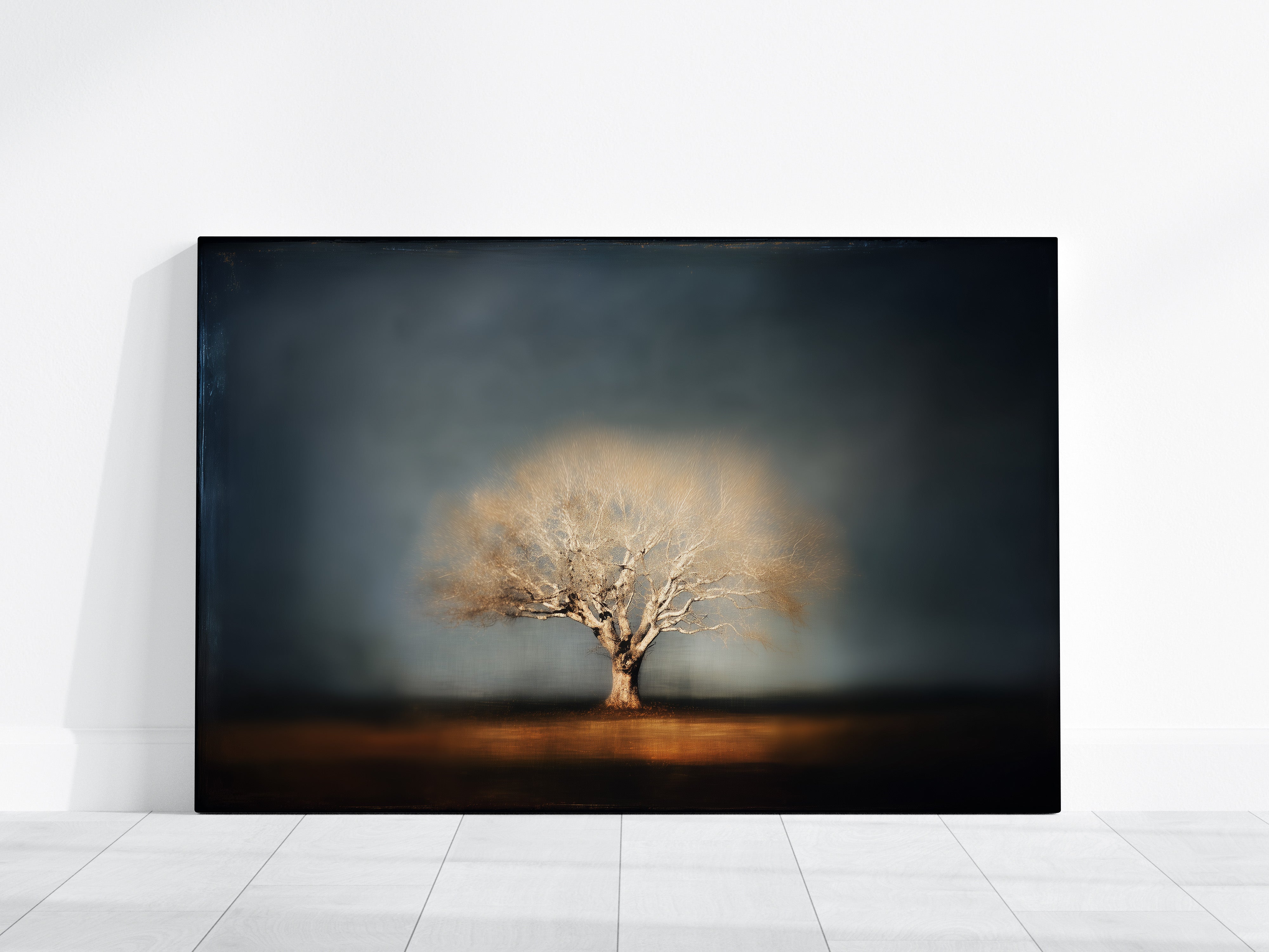 Minimalist Tree Wall Art – Moody Wall Decor | Indigo Sky Painting | Sepia Tone Art Canvas