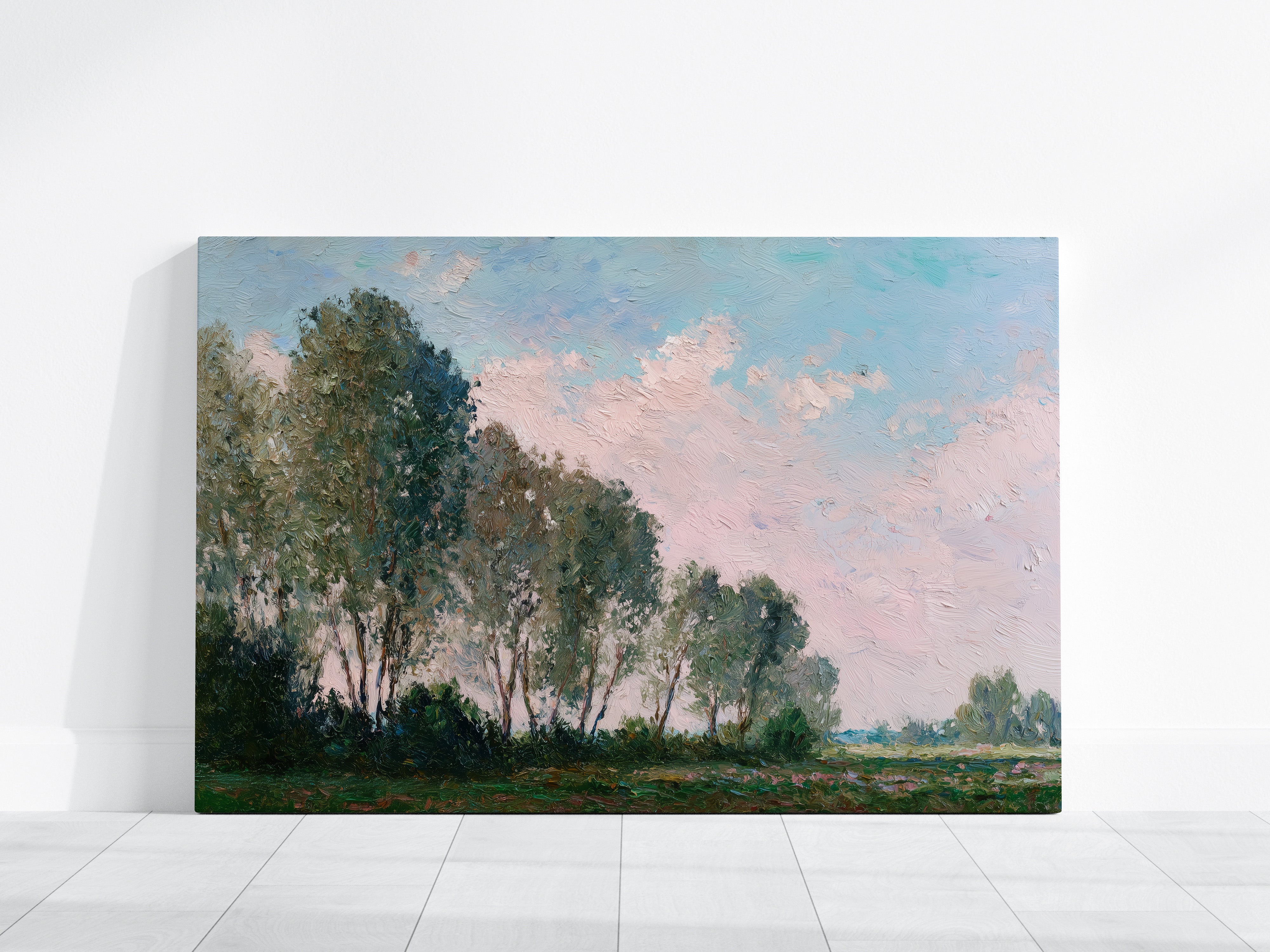 Landscape Wall Art – Teal Pink Painting | Wide Angle Rural Horizon Art Print