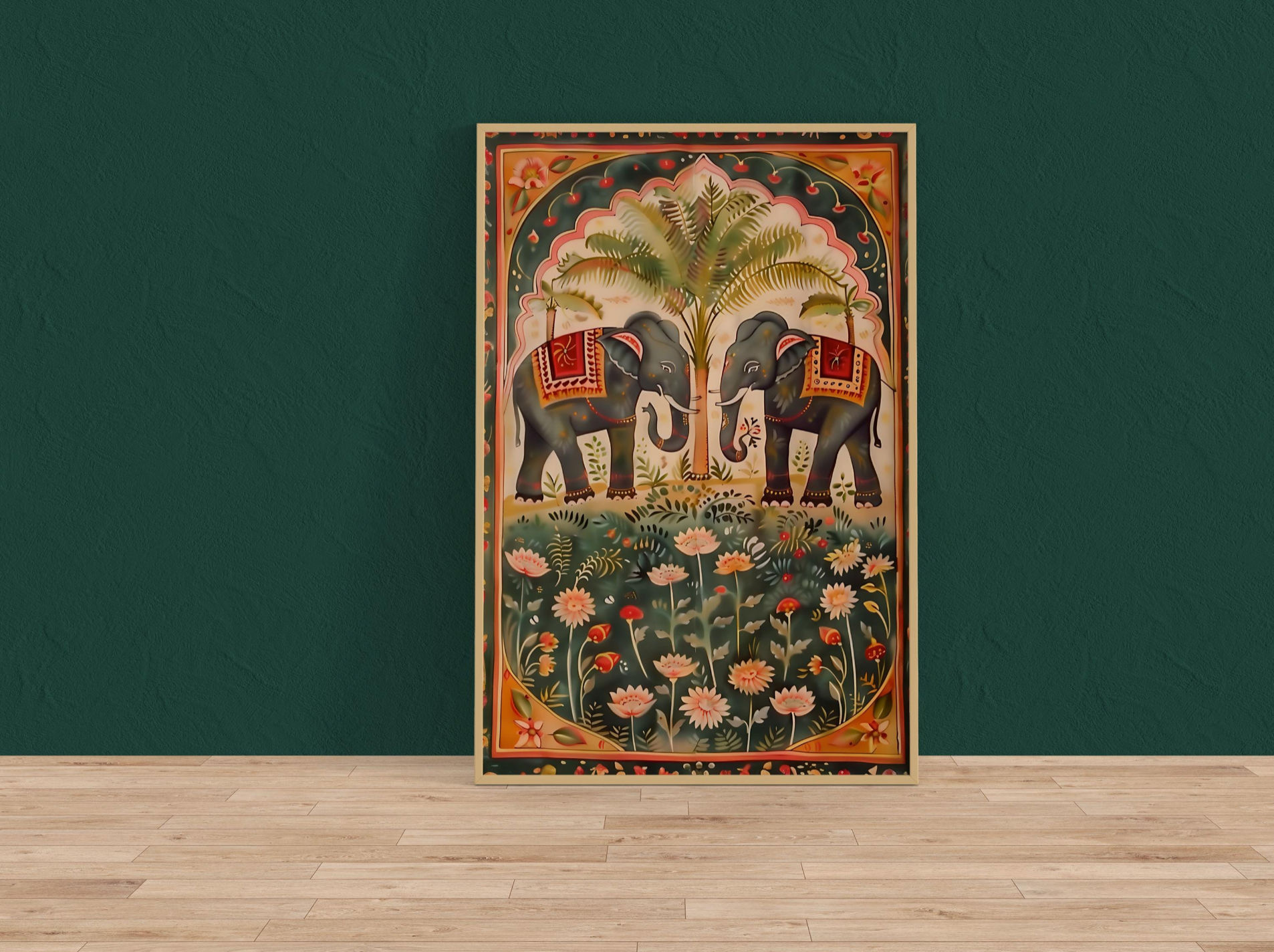 Pichwai Elephant & Lotus Art: Traditional Indian Floral Canvas | Vintage Cultural Wall Decor