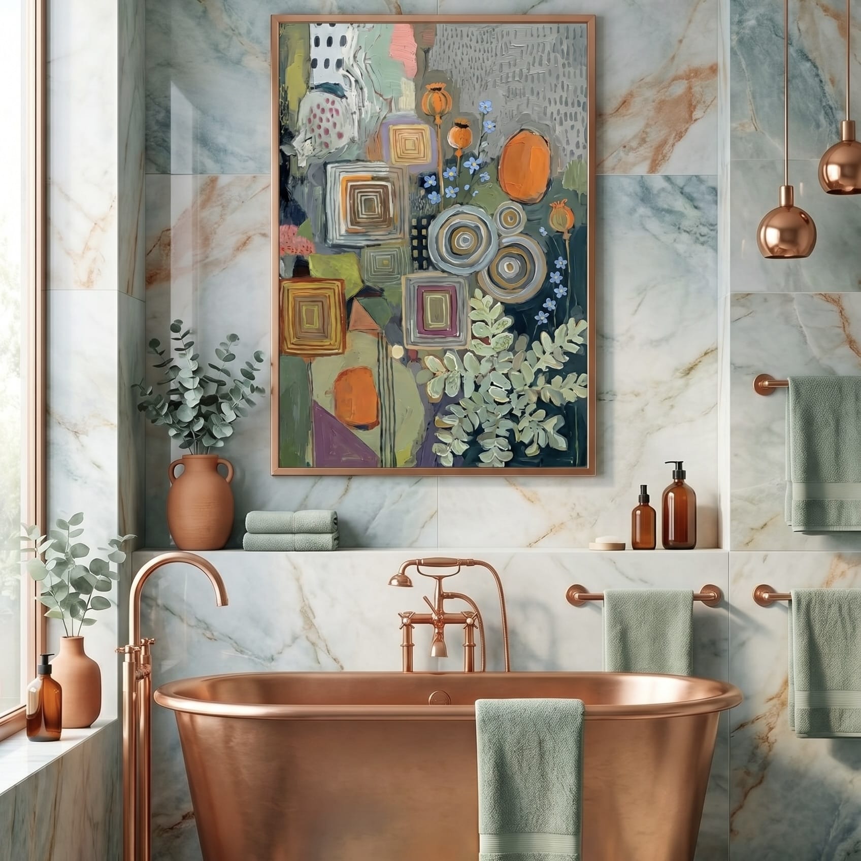 Organic Wall Art: Deep Blue, Green & Burnt Orange Abstract