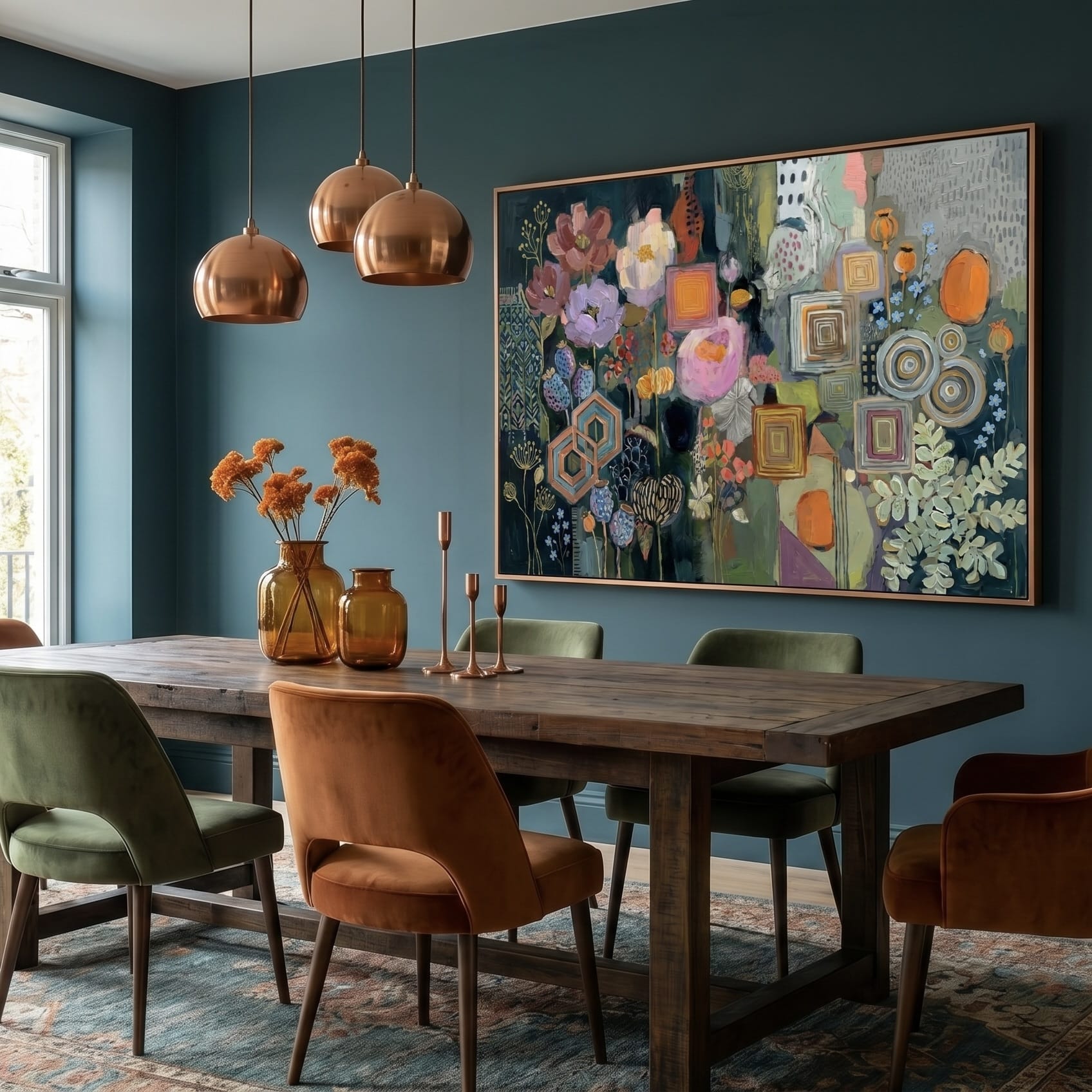 Organic Wall Art: Deep Blue, Green & Burnt Orange Abstract