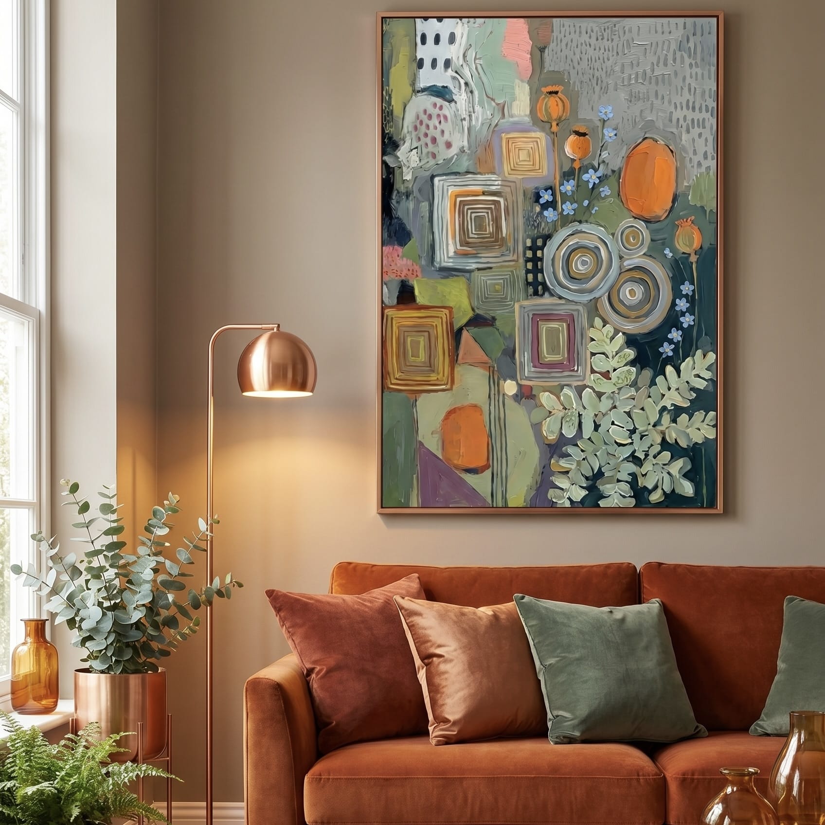Organic Wall Art: Deep Blue, Green & Burnt Orange Abstract