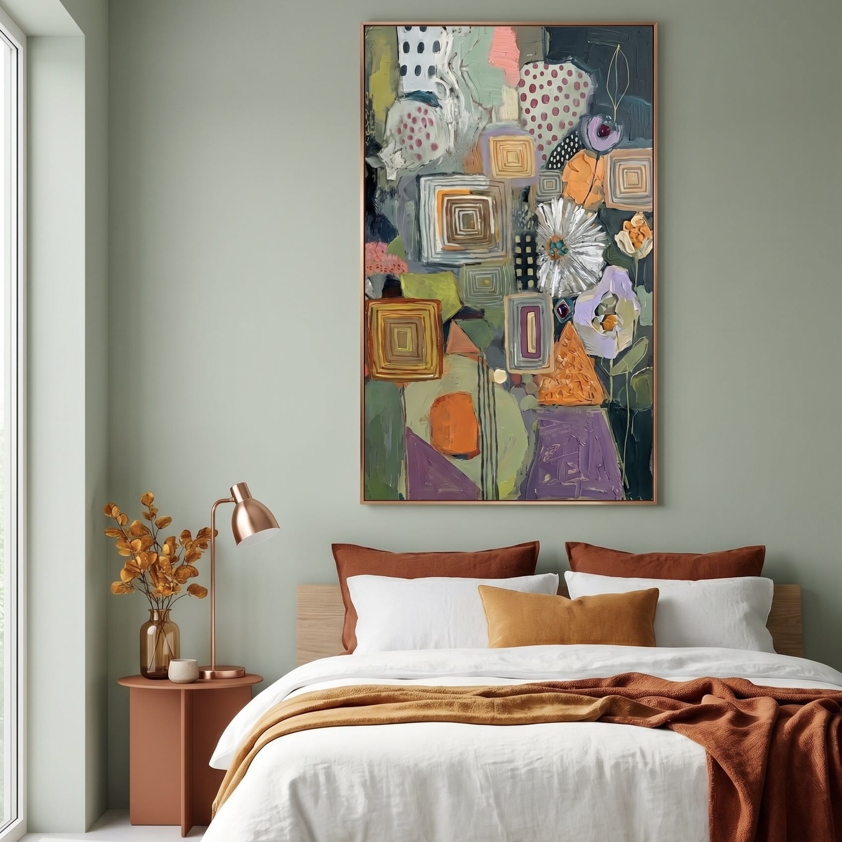 Geometric Botanical Wall Art: Earthy Olive and Terracotta Tones