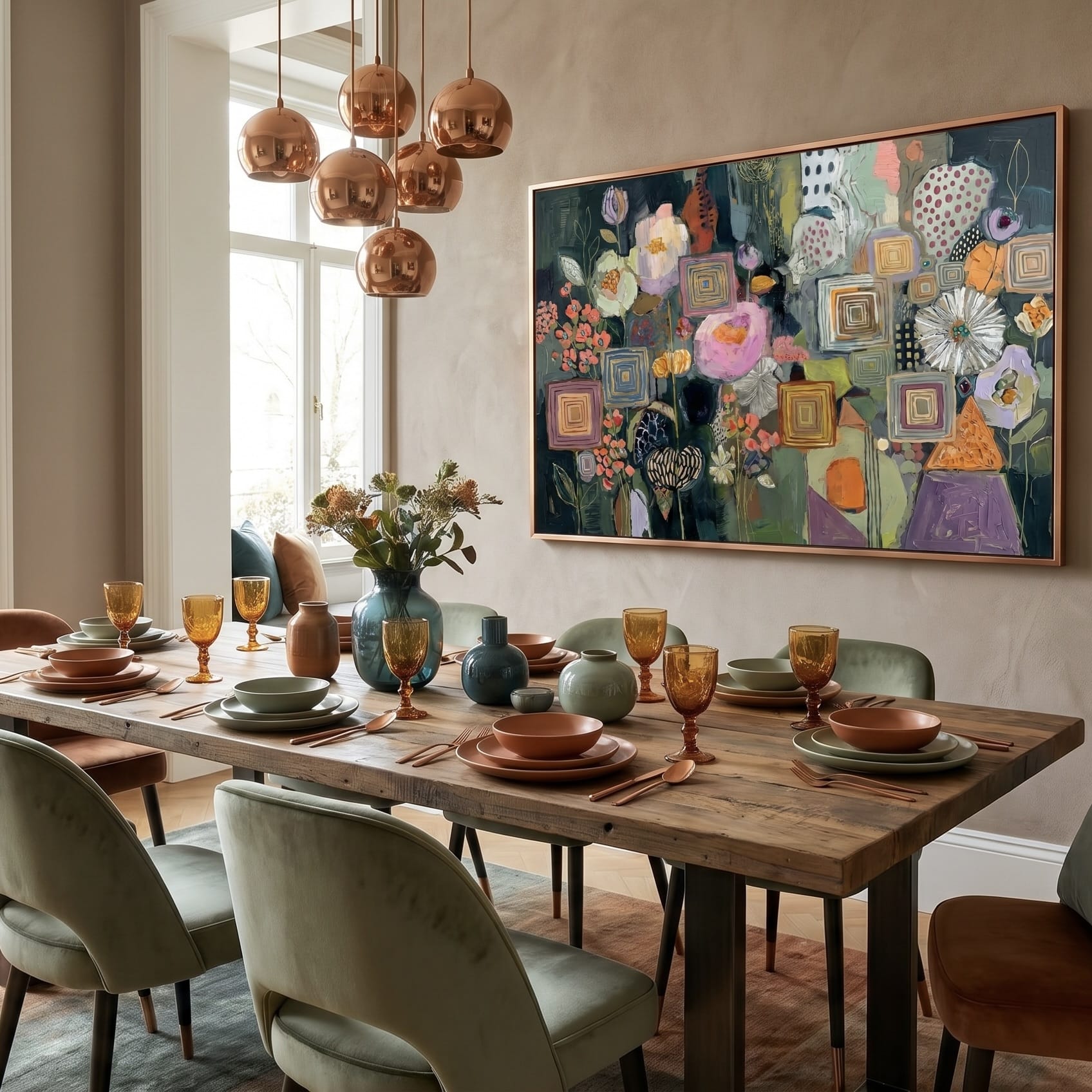 Geometric Botanical Wall Art: Earthy Olive and Terracotta Tones
