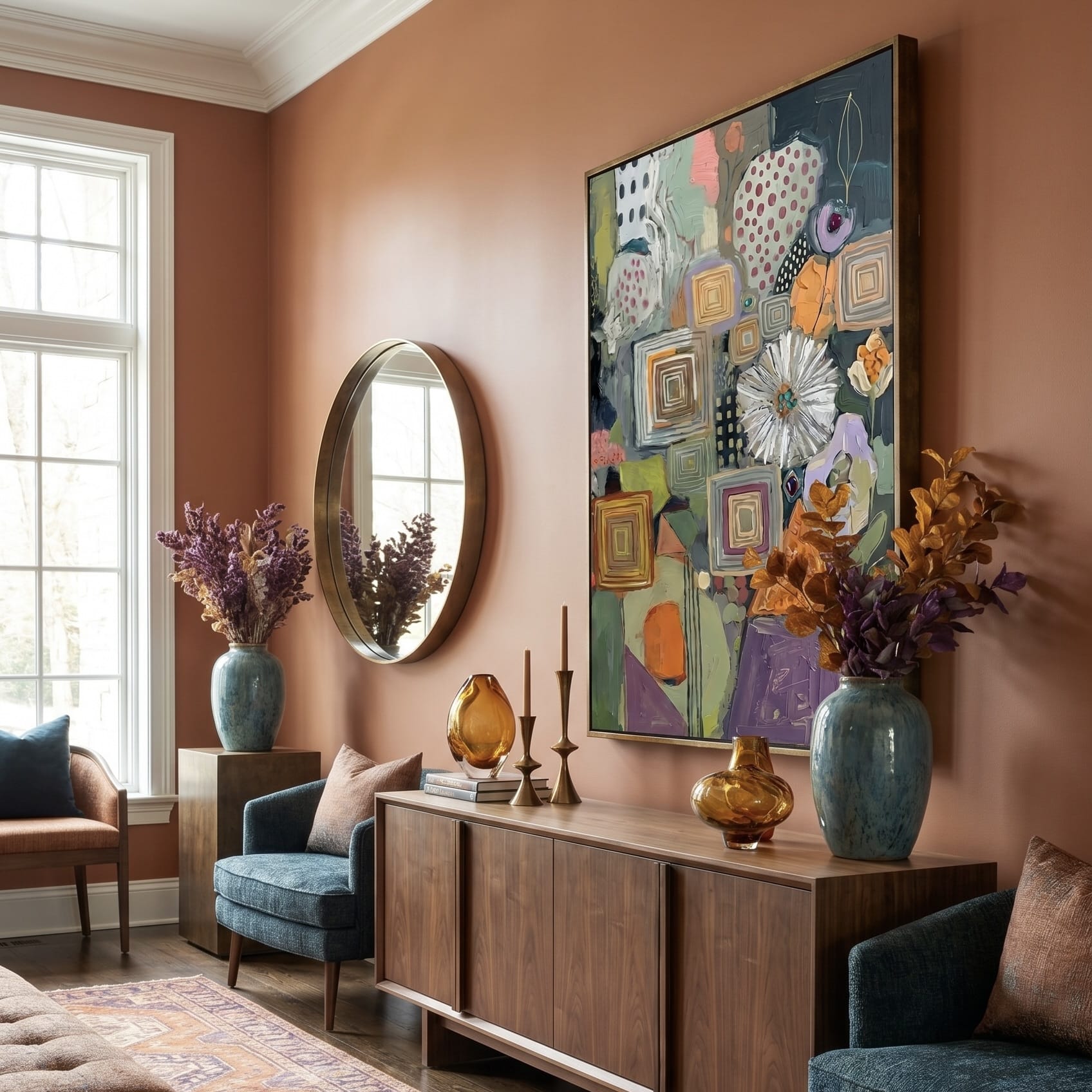 Geometric Botanical Wall Art: Earthy Olive and Terracotta Tones
