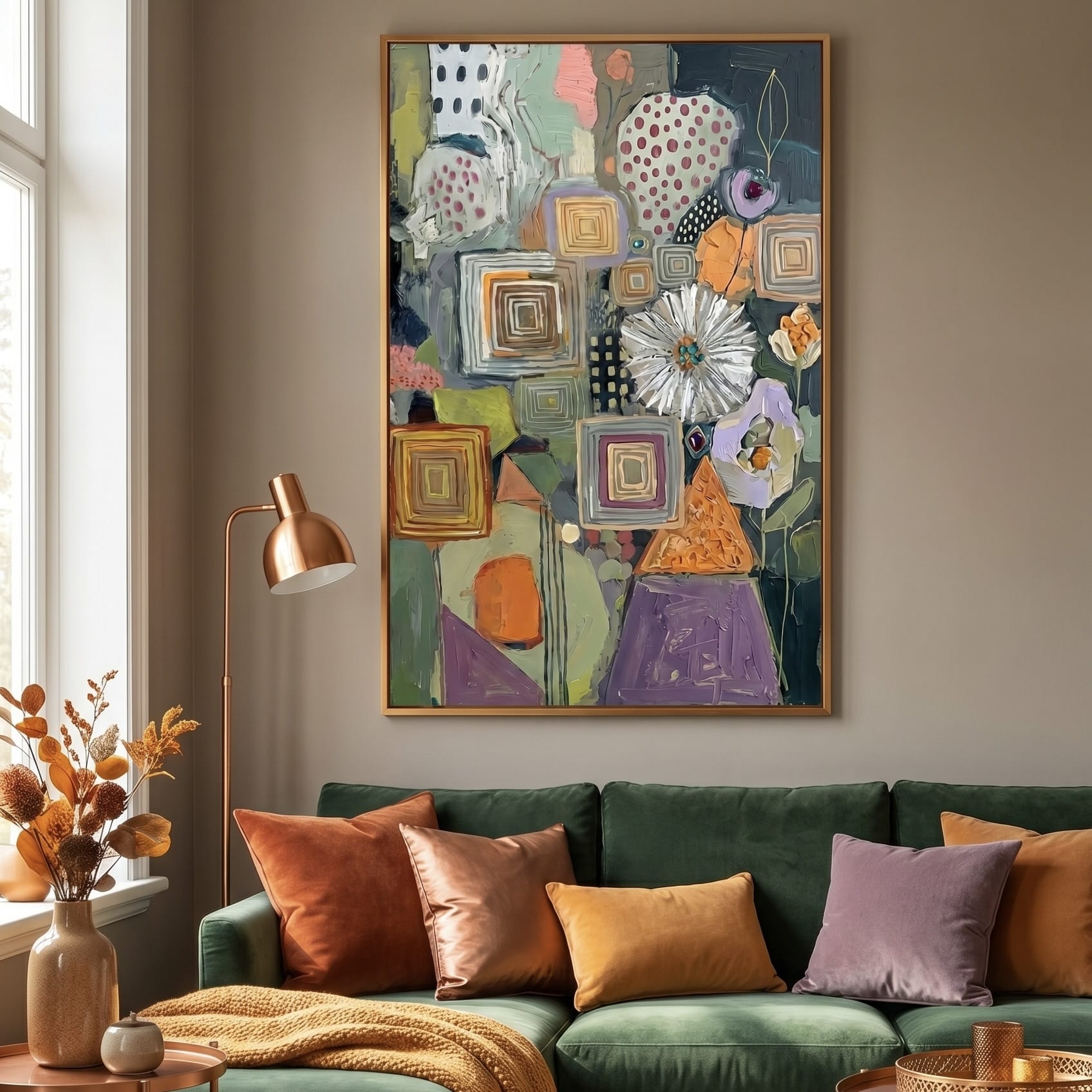 Geometric Botanical Wall Art: Earthy Olive and Terracotta Tones