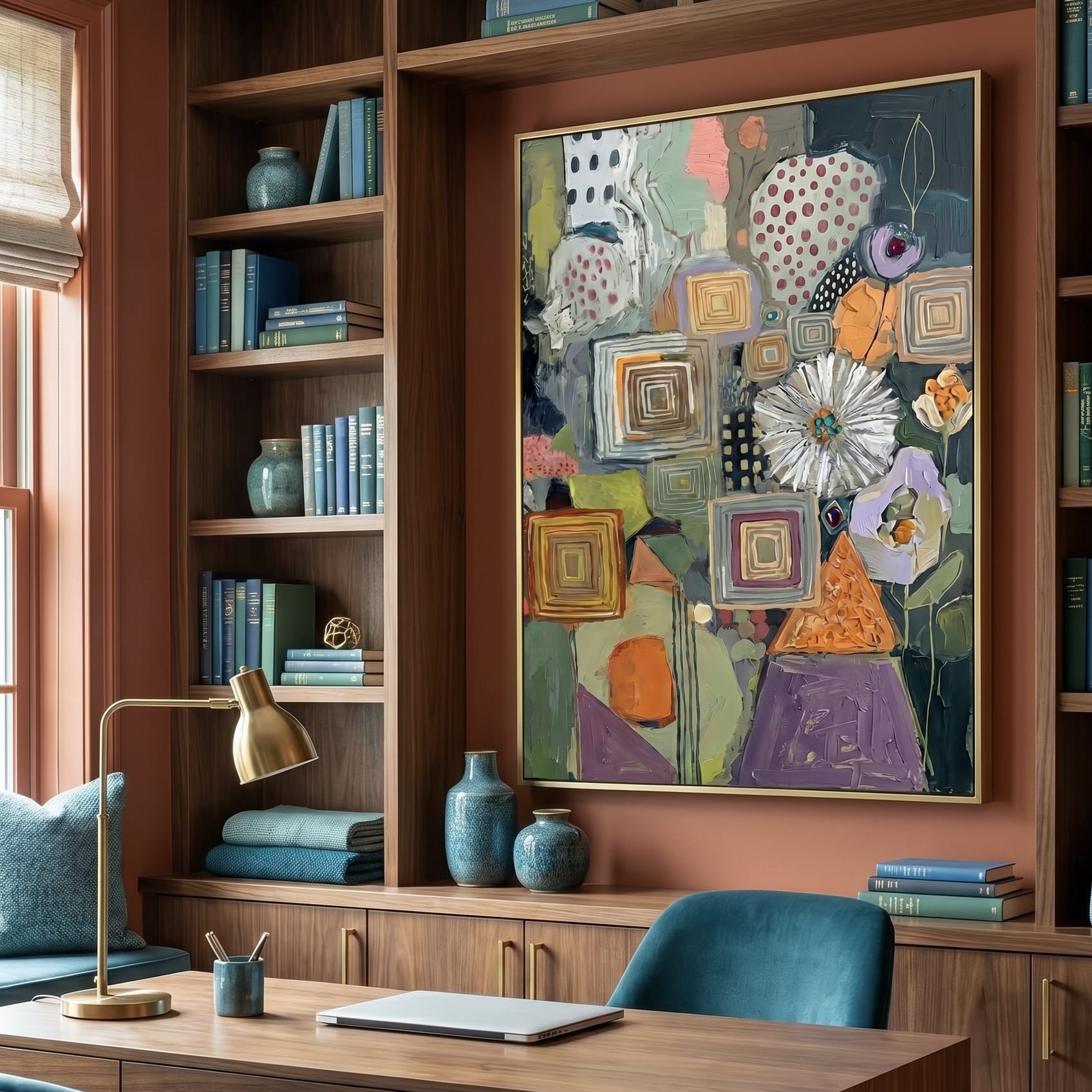 Geometric Botanical Wall Art: Earthy Olive and Terracotta Tones