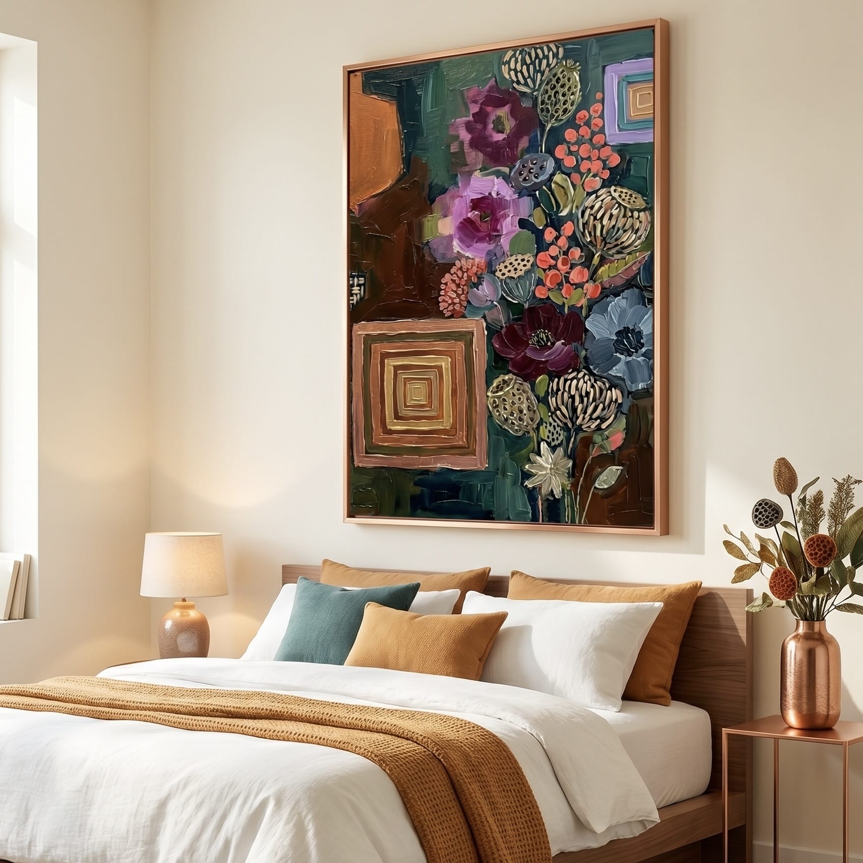 Earth Tones Botanical Flowers Wall Art Mixed Media Abstract