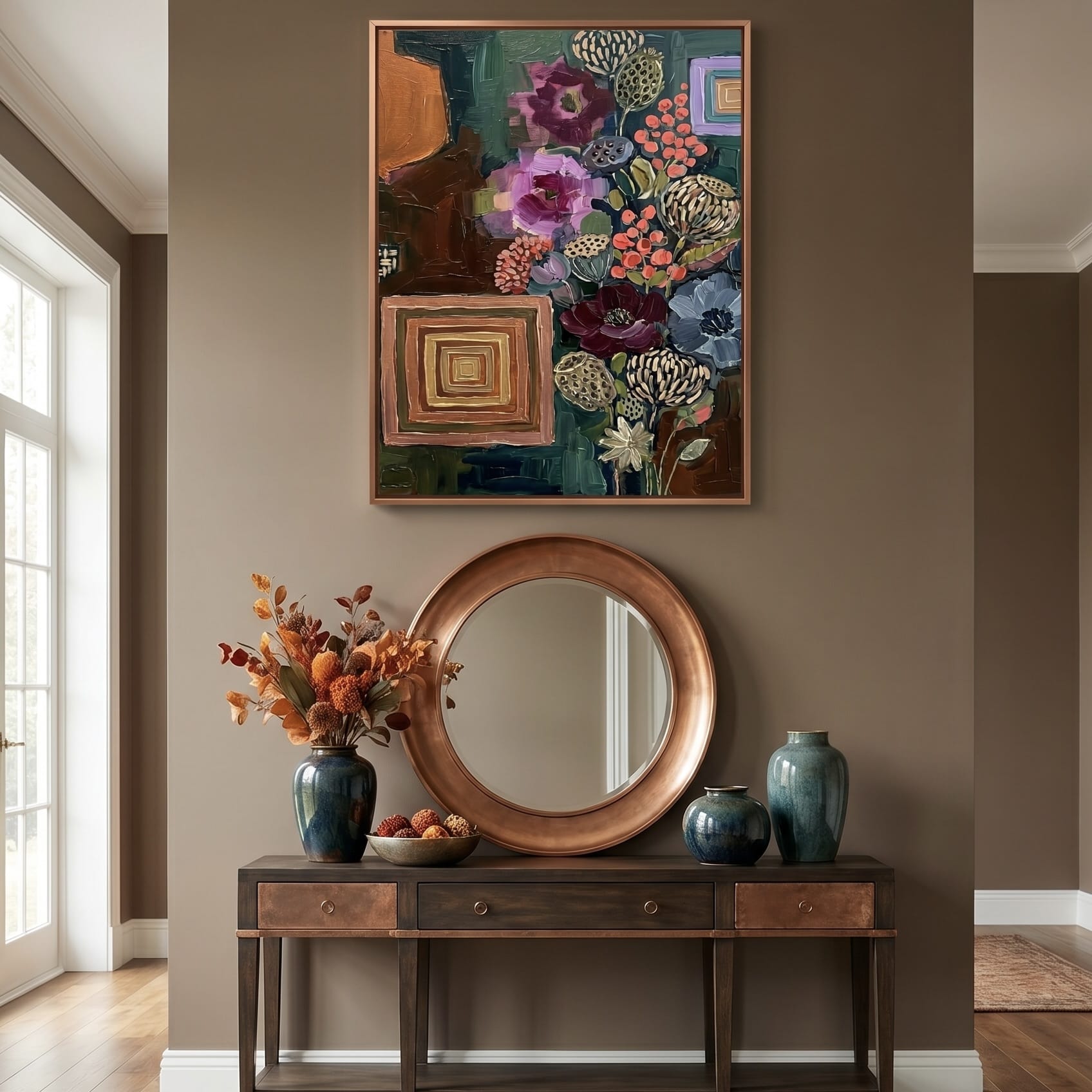 Earth Tones Botanical Flowers Wall Art Mixed Media Abstract