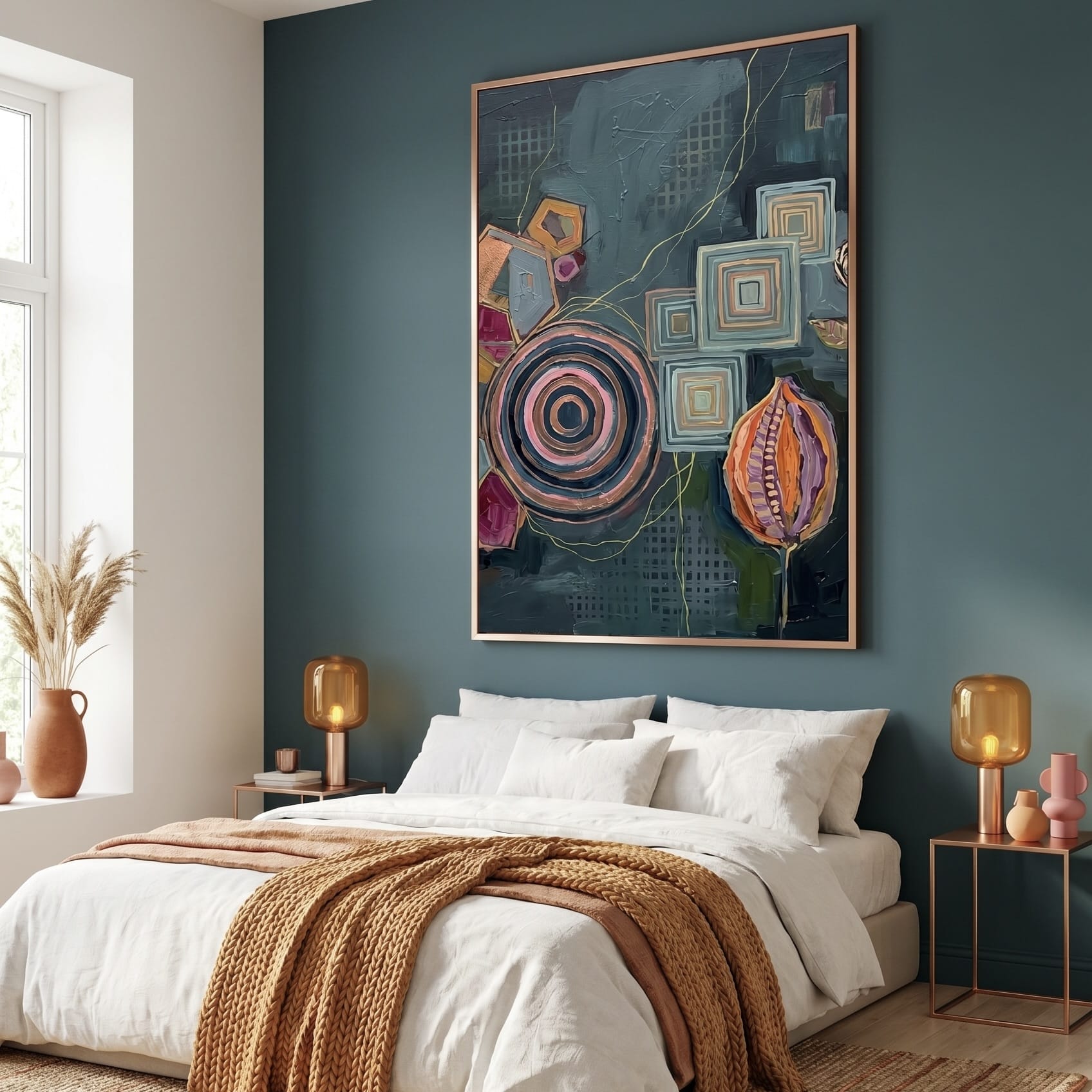Soft Pink & Olive Abstract Wall Art - Gentle Concentric Pattern