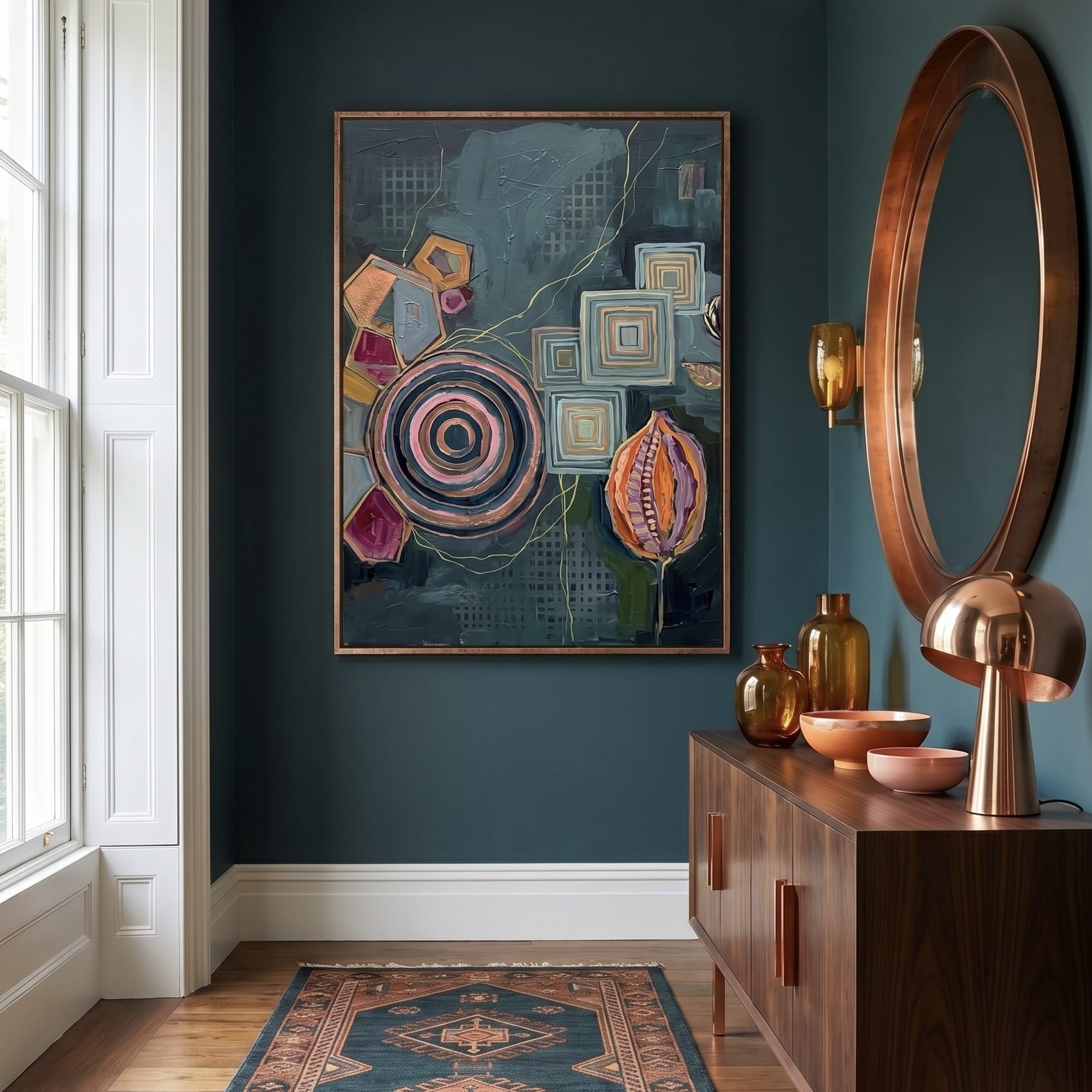 Soft Pink & Olive Abstract Wall Art - Gentle Concentric Pattern