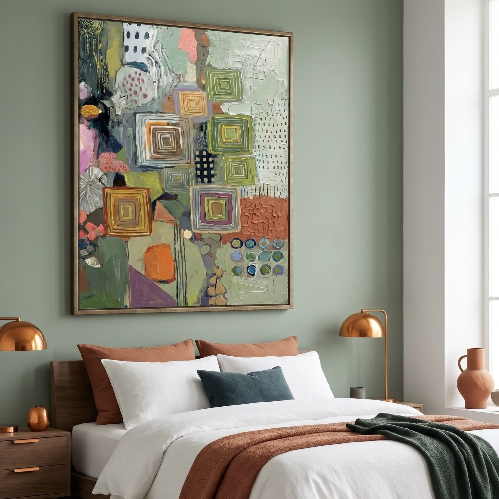 Earth Tone Botanical Wall Art - Rustic Texture and White Line Details