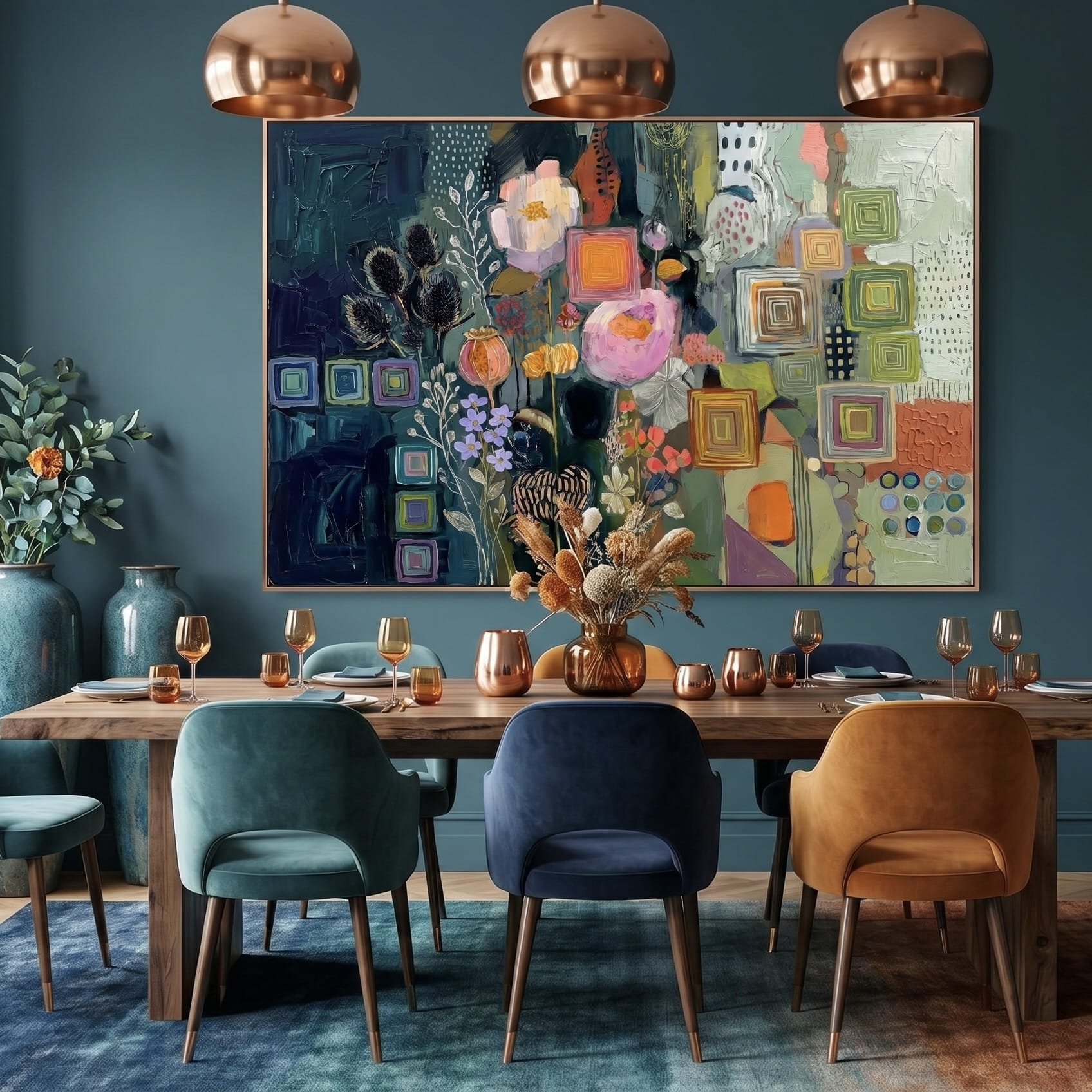 Earth Tone Botanical Wall Art - Rustic Texture and White Line Details