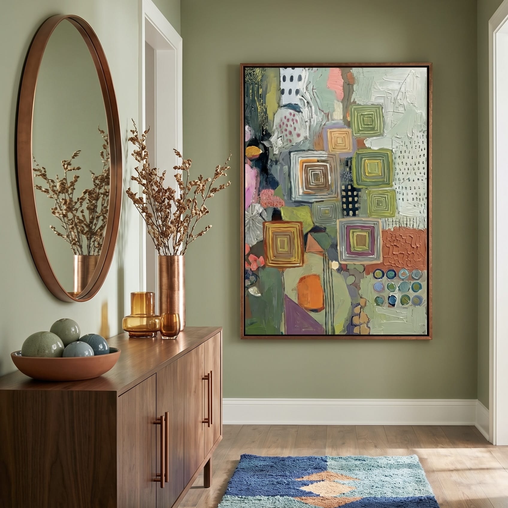 Earth Tone Botanical Wall Art - Rustic Texture and White Line Details