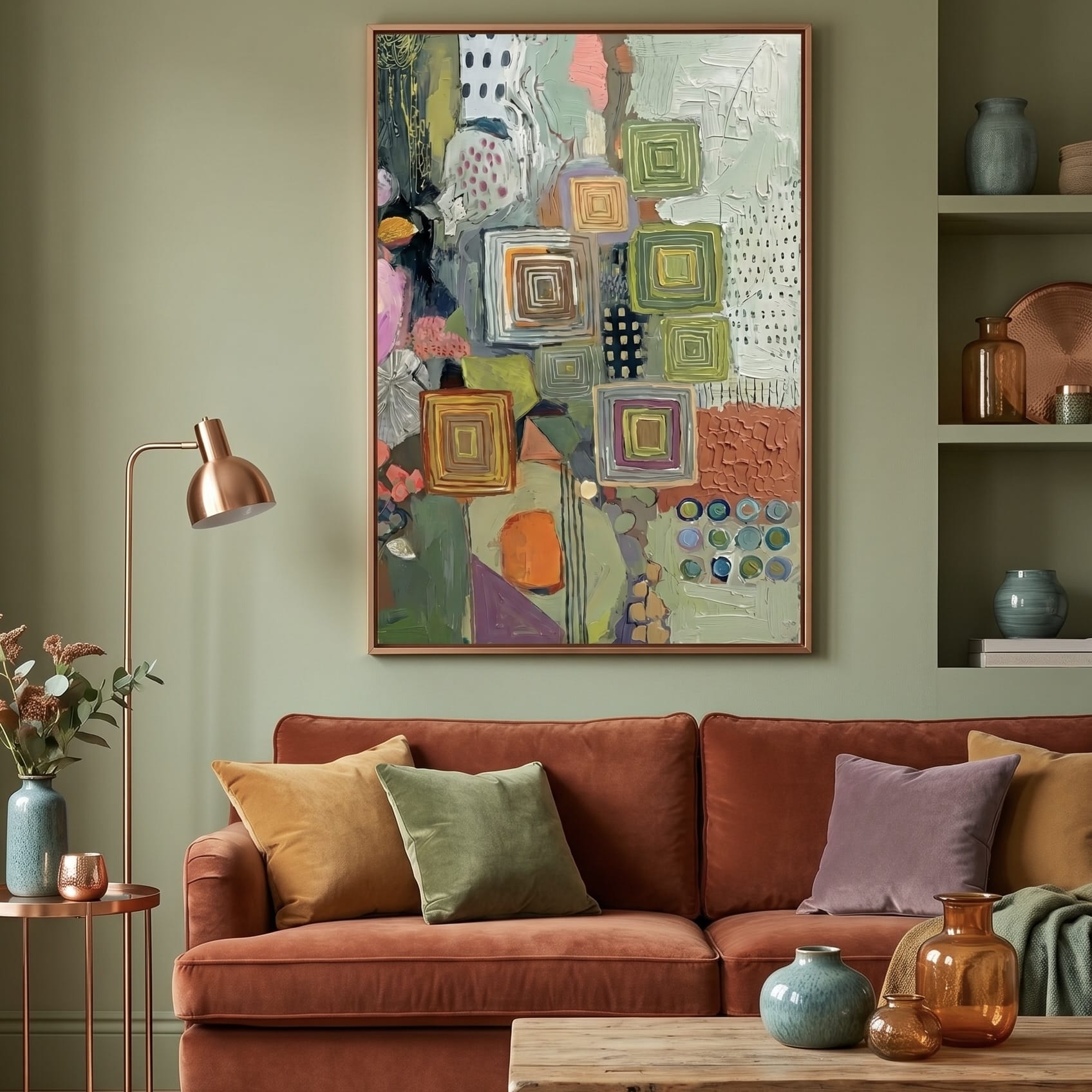 Earth Tone Botanical Wall Art - Rustic Texture and White Line Details