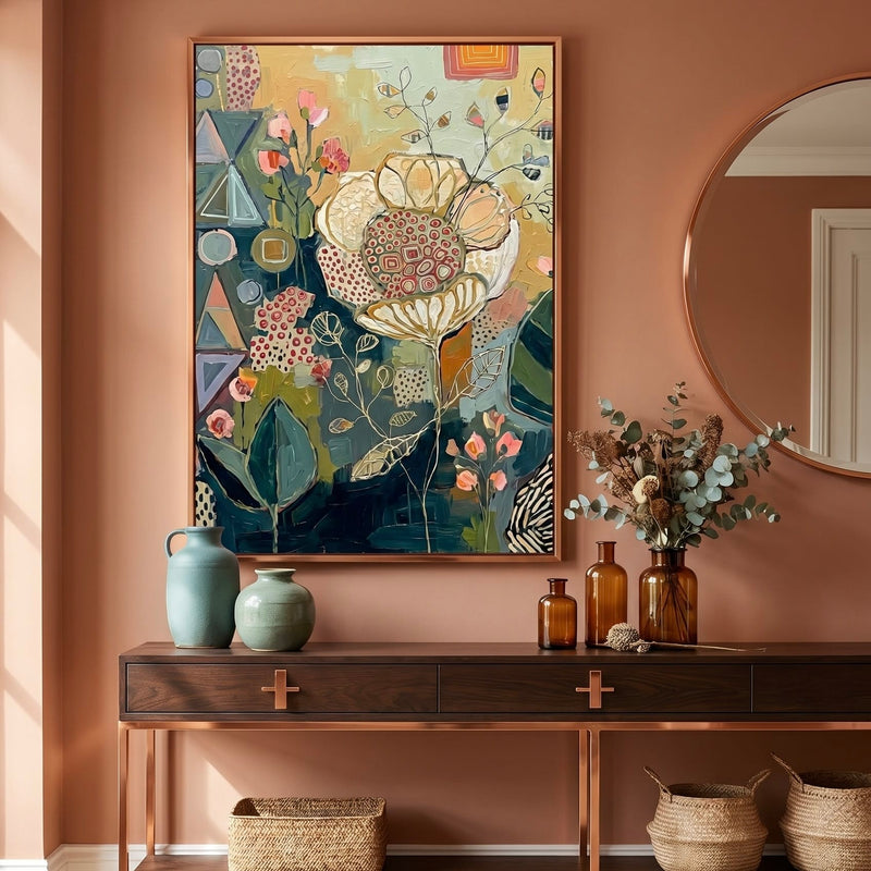 Geometric Leaf Canvas Print: Navy and Coral Colors